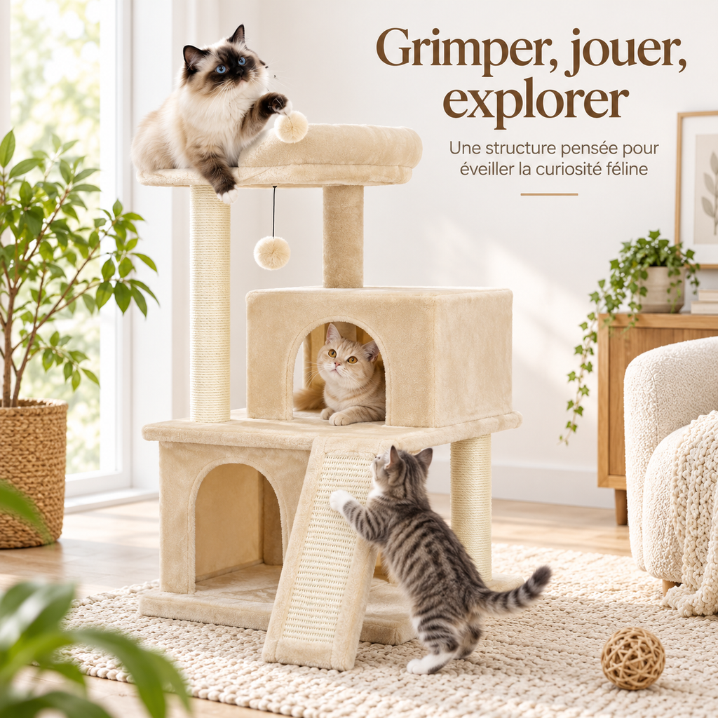Arbre à chat à 4 niveaux avec deux niches