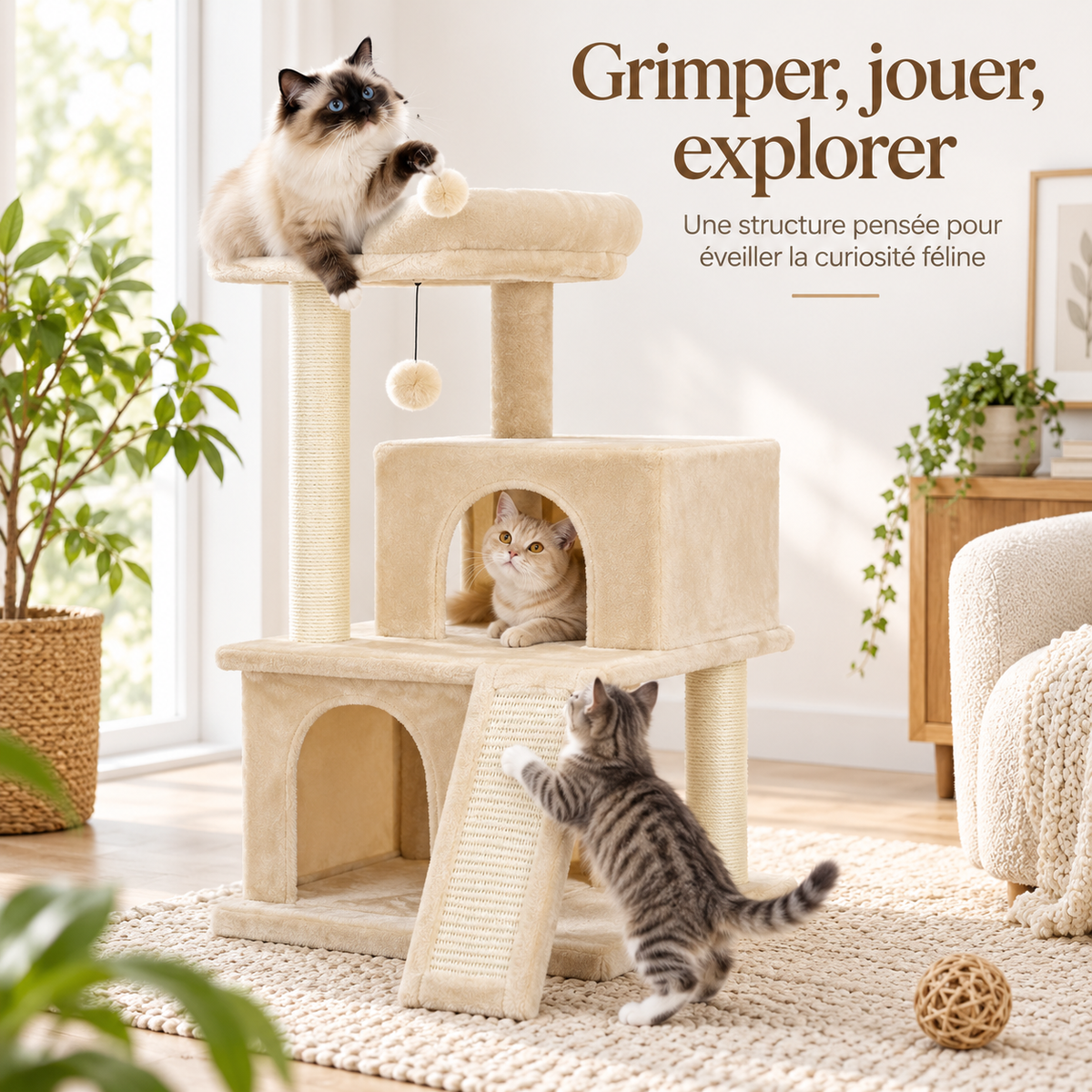 Arbre à chat à 4 niveaux avec deux niches