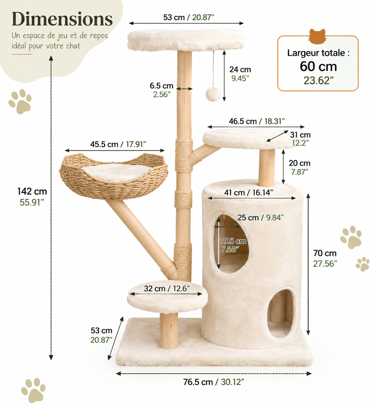 Arbre à chat design en bois de 142 cm