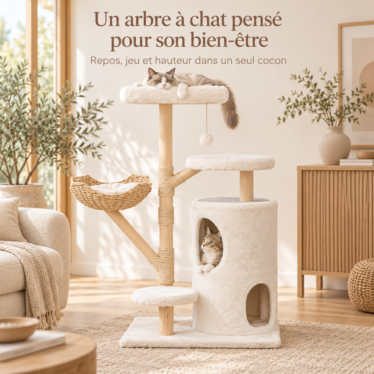 Arbre à chat design en bois de 142 cm