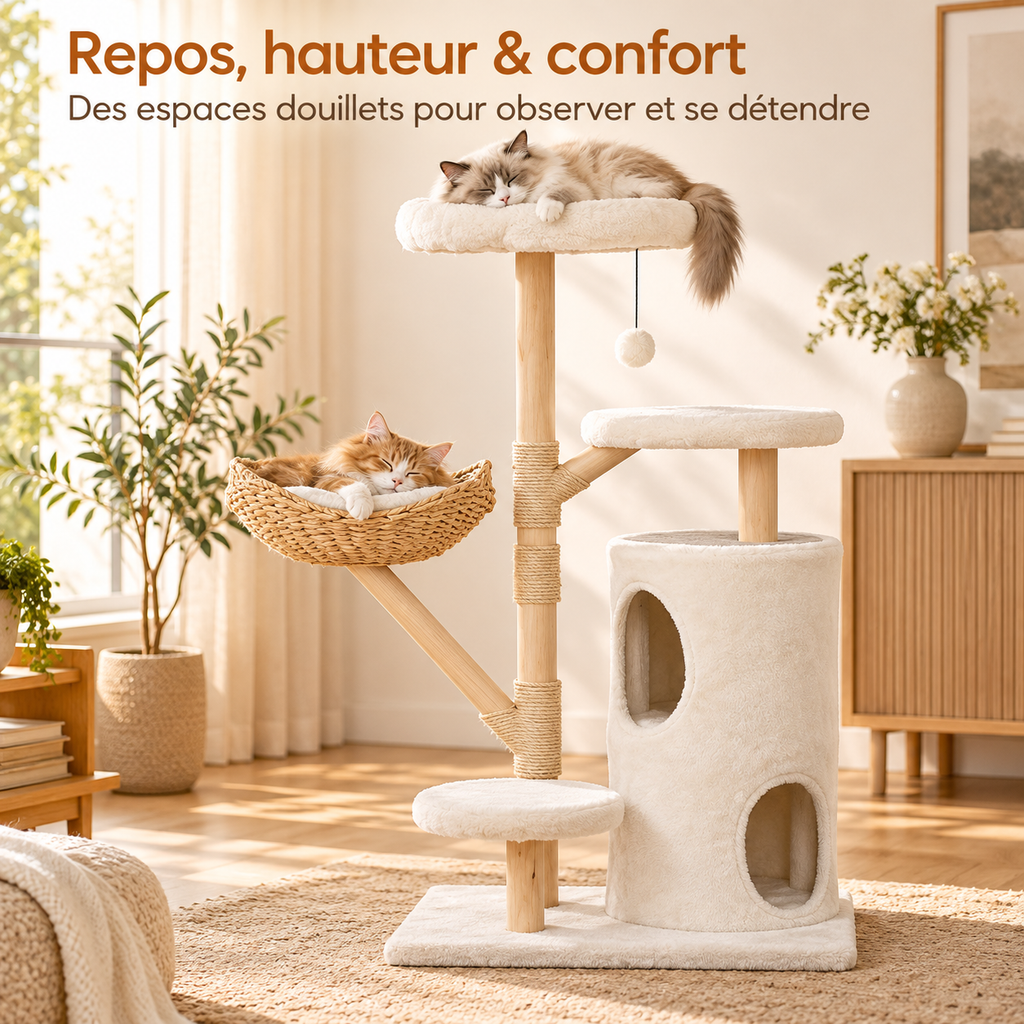 Arbre à chat design en bois de 142 cm