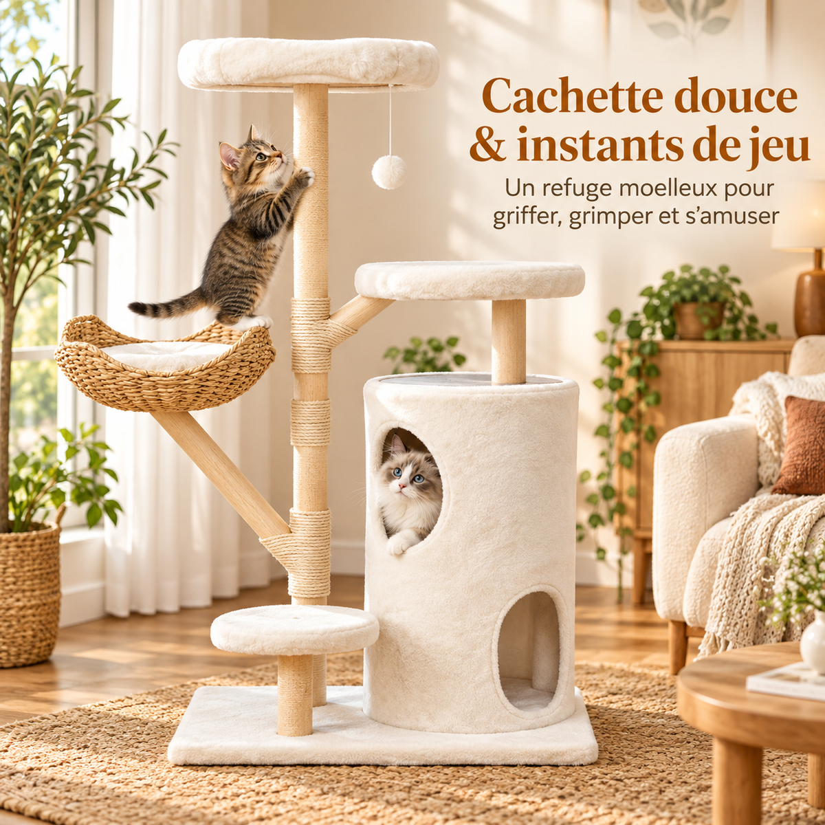 Arbre à chat design en bois de 142 cm