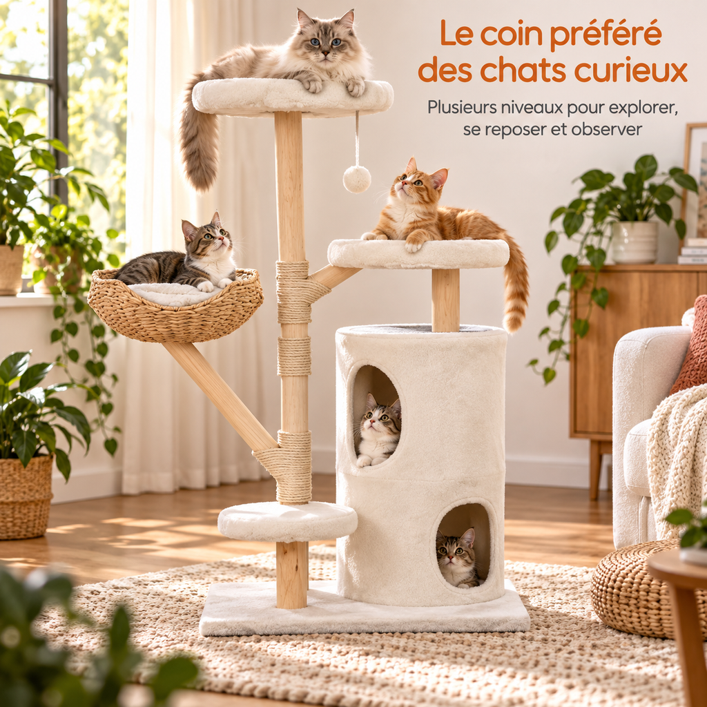 Arbre à chat design en bois de 142 cm