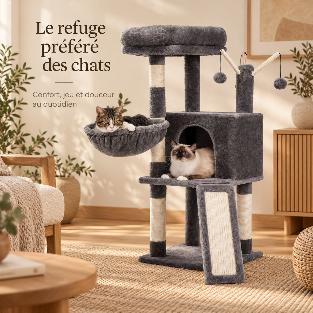 Arbre à chat avec hamac, niche et rampe à griffer