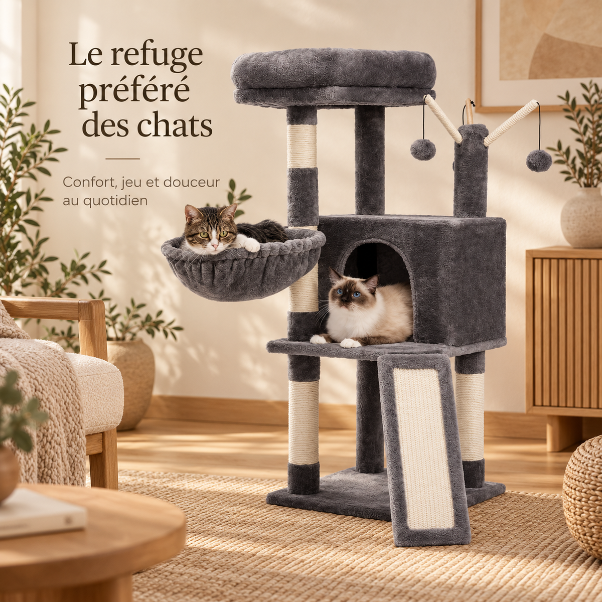 Arbre à chat avec hamac, niche et rampe à griffer