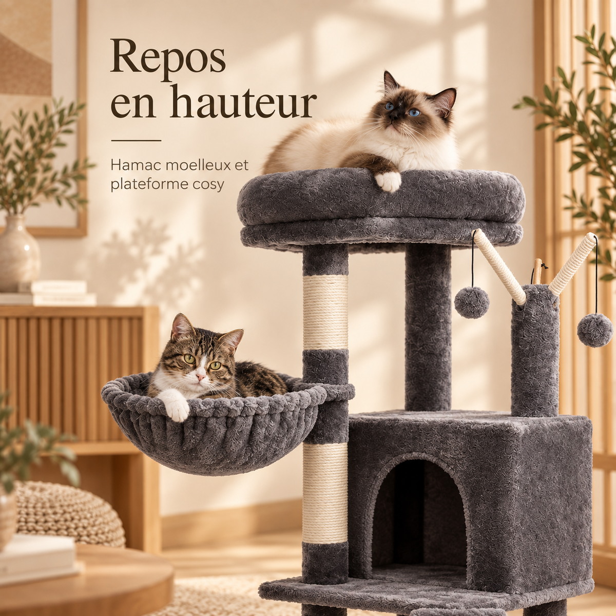 Arbre à chat avec hamac, niche et rampe à griffer