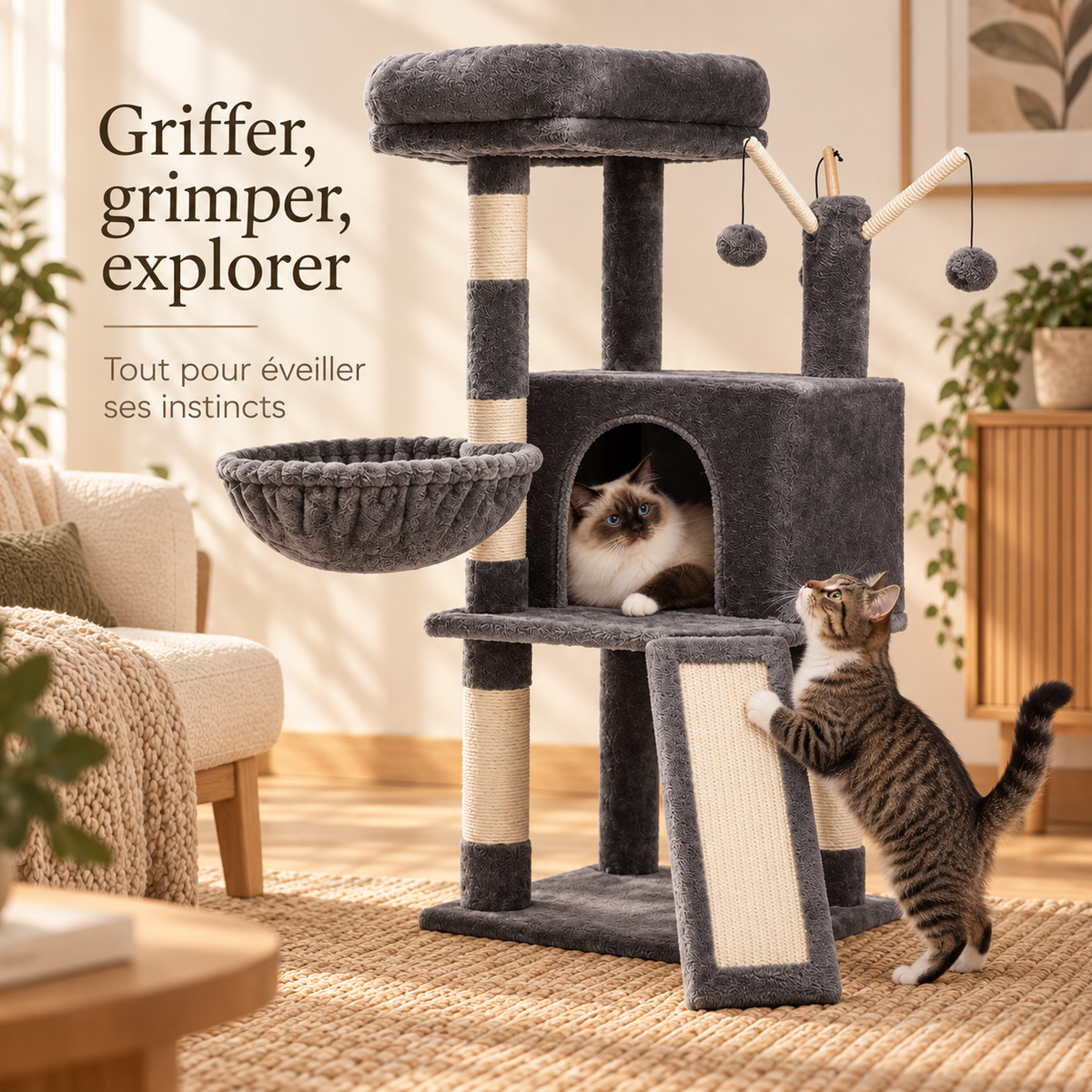 Arbre à chat avec hamac, niche et rampe à griffer