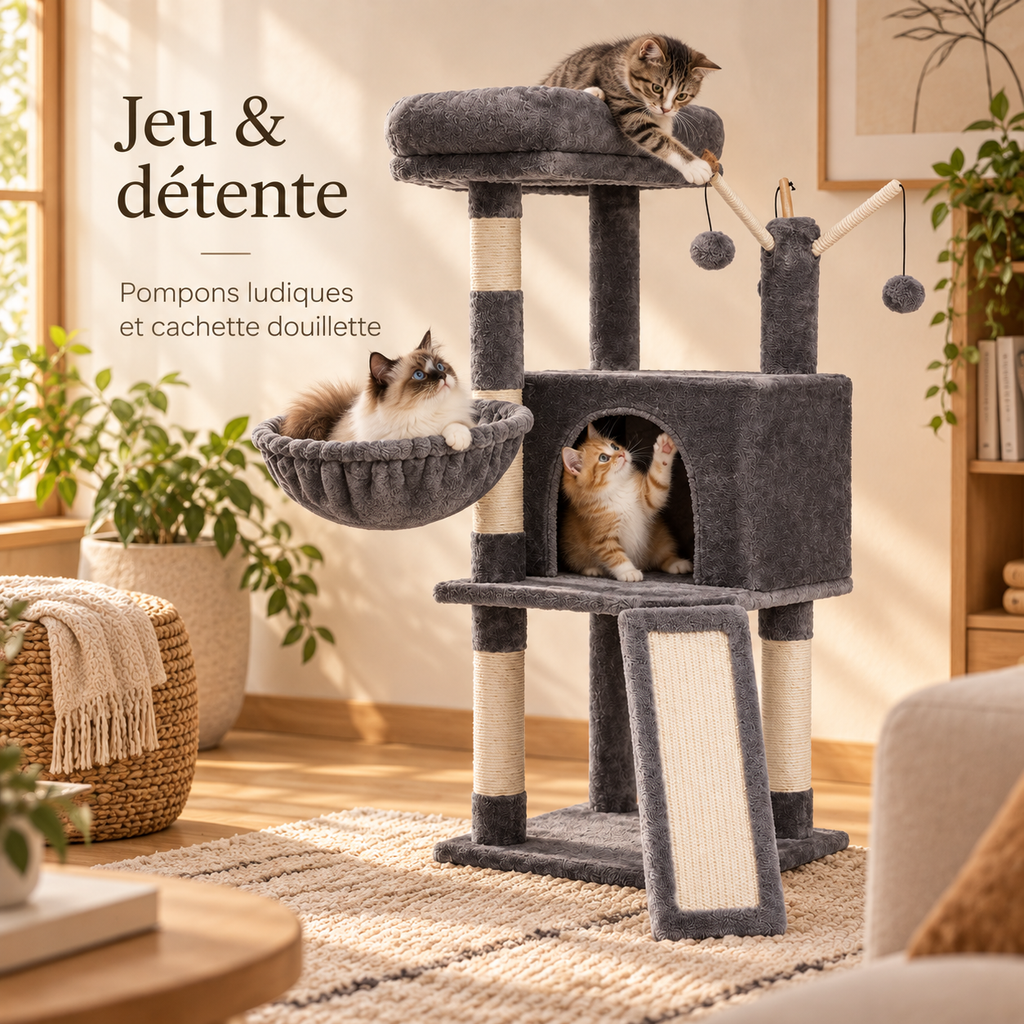 Arbre à chat avec hamac, niche et rampe à griffer