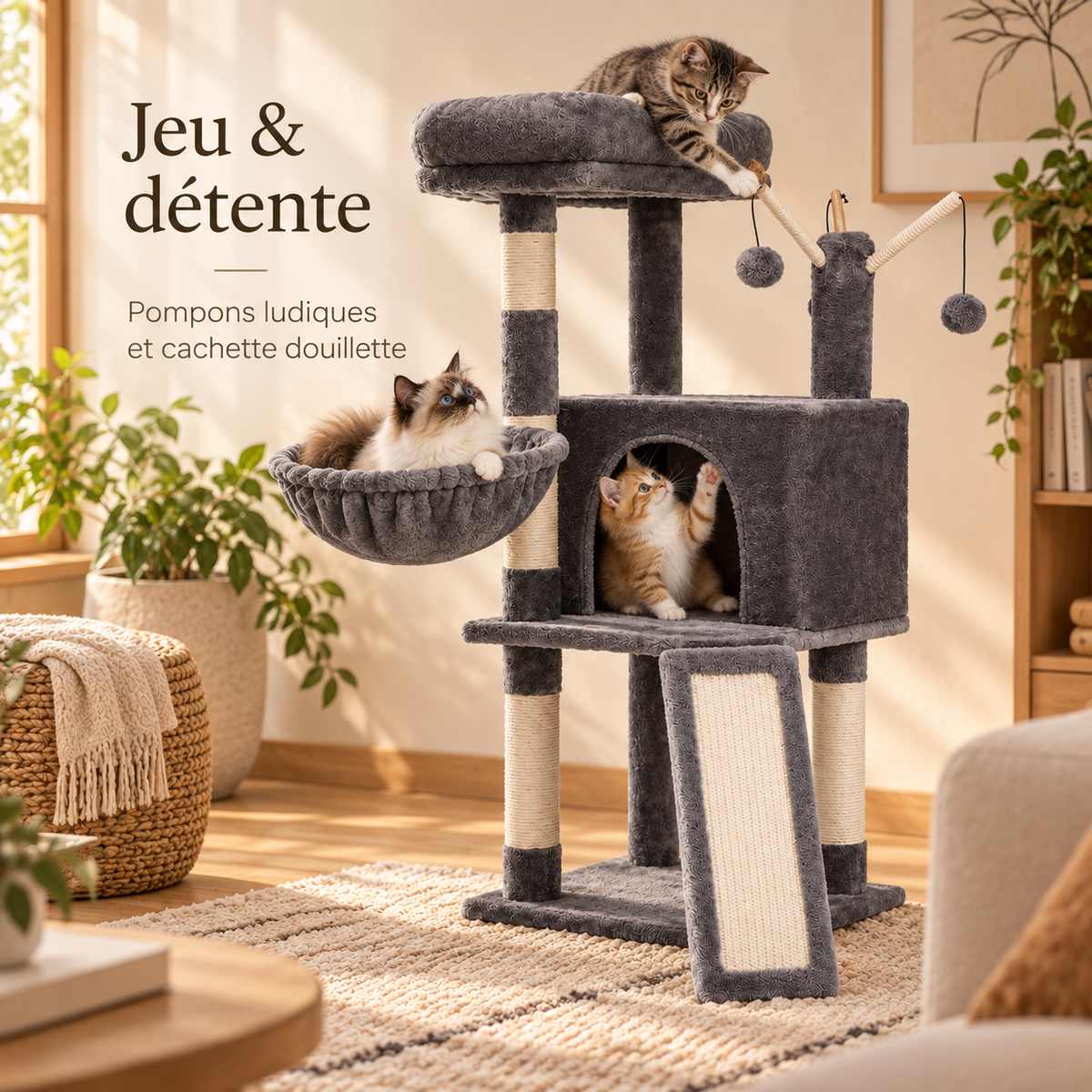 Arbre à chat avec hamac, niche et rampe à griffer