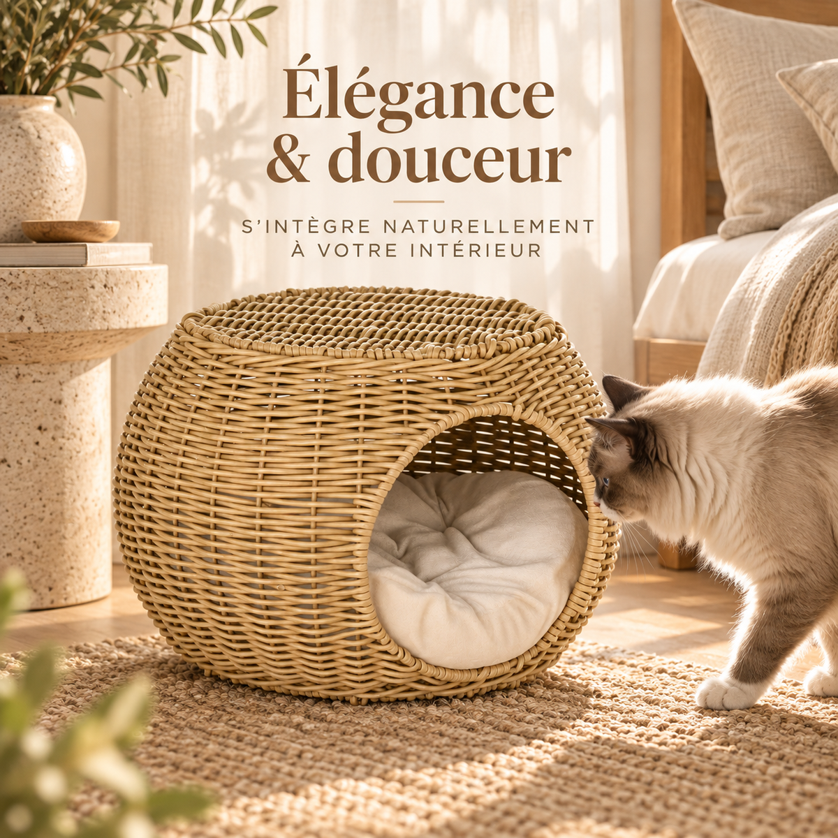 Niche deux niveaux en rotin pour chat