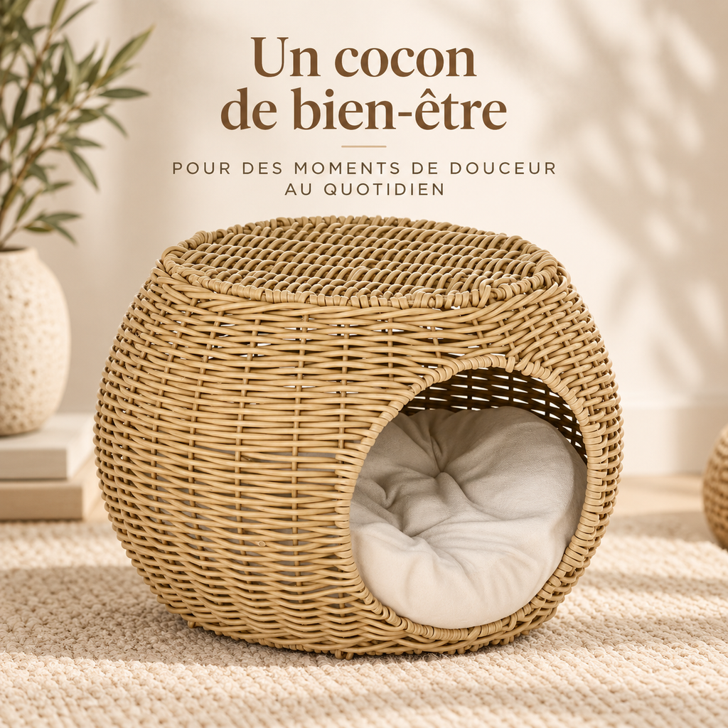 Niche deux niveaux en rotin pour chat