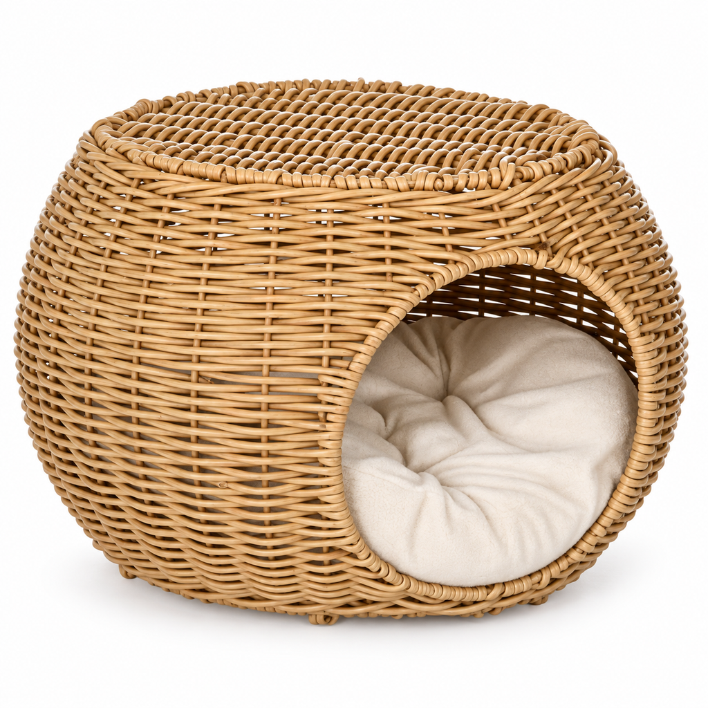 Niche deux niveaux en rotin pour chat