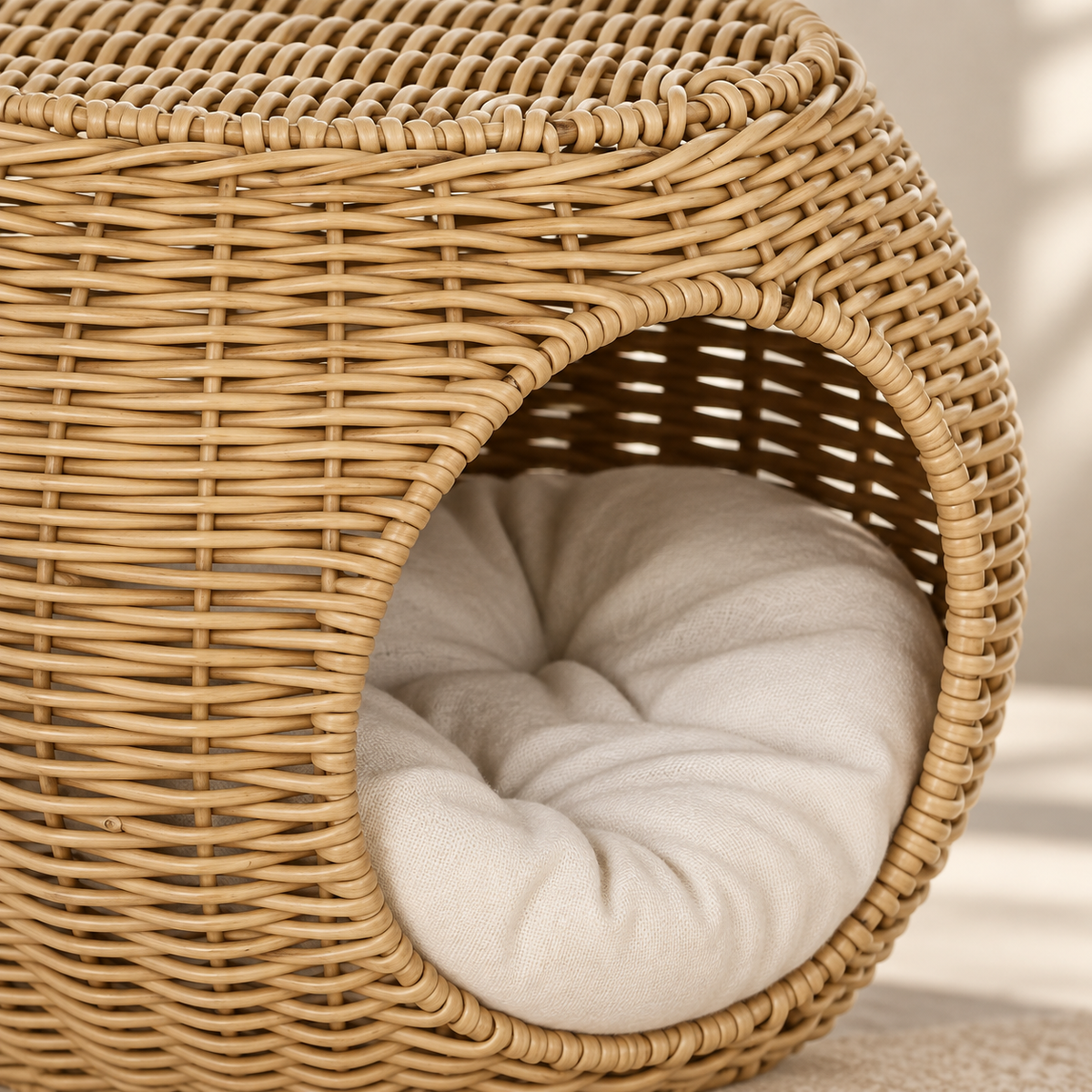 Niche deux niveaux en rotin pour chat
