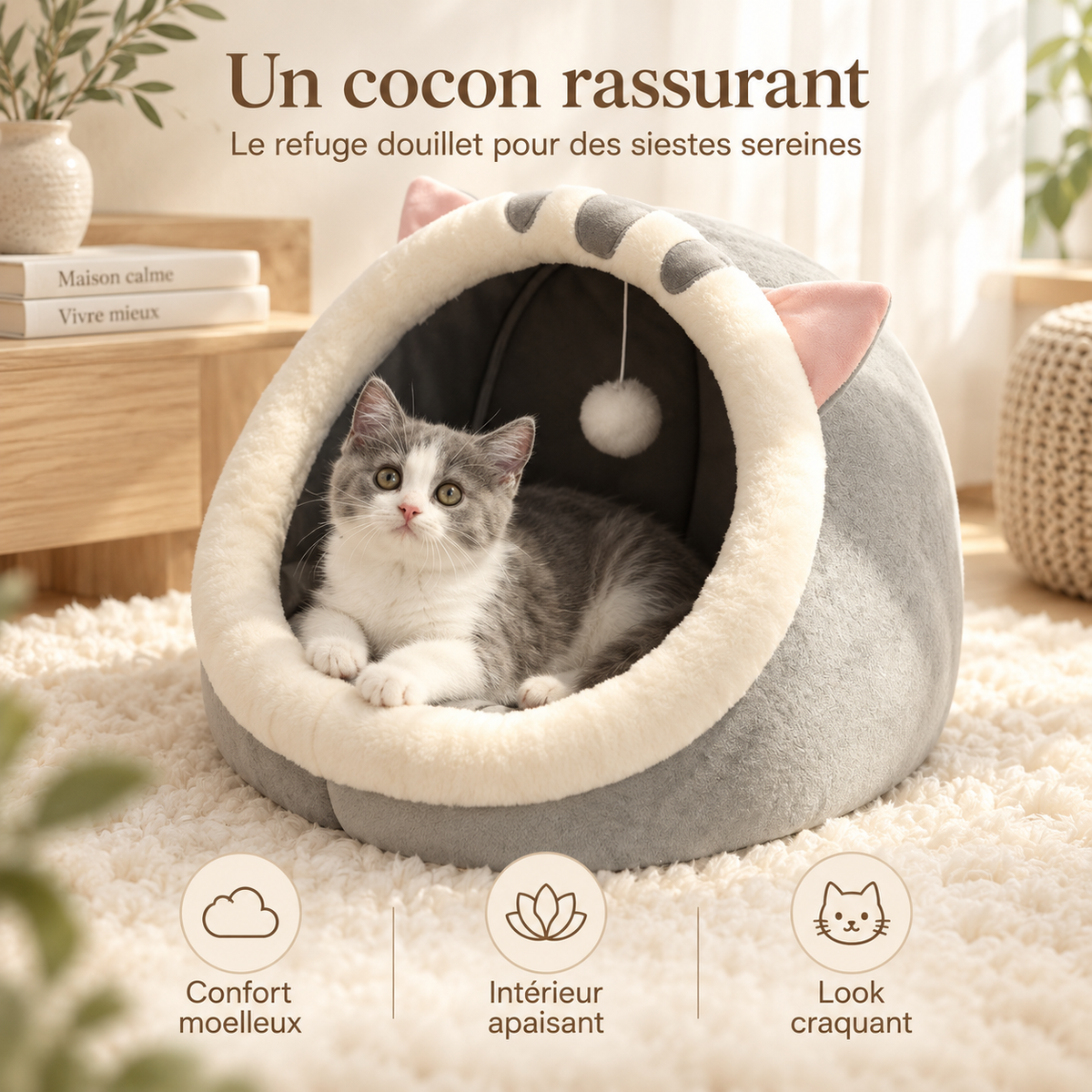 Niche douillette en forme de chat avec coussin lavable