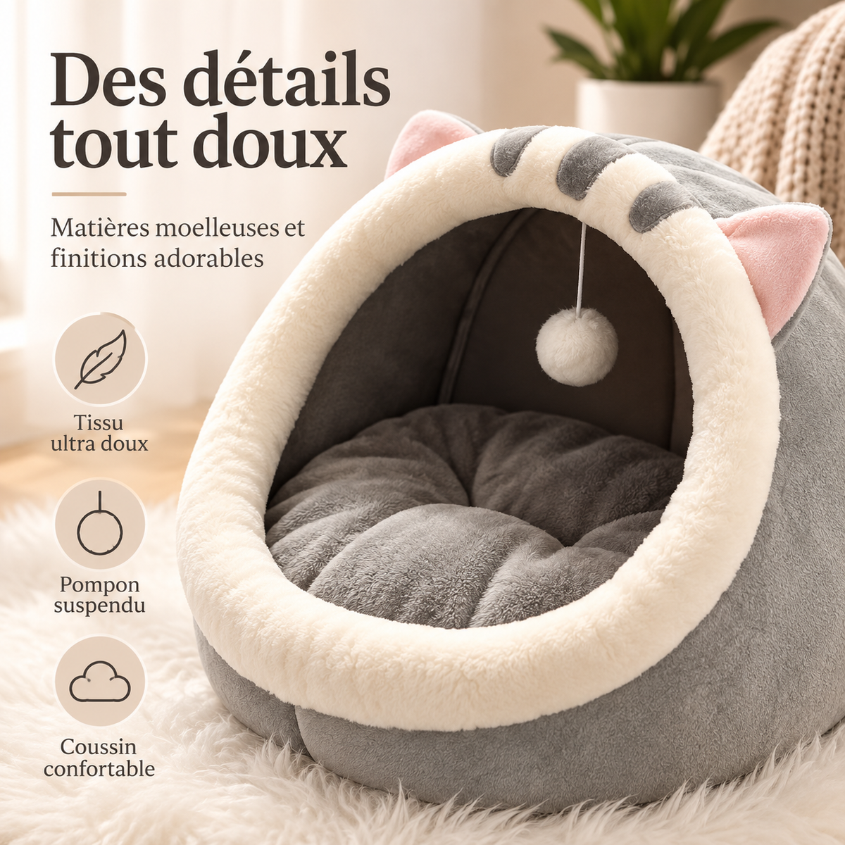 Niche douillette en forme de chat avec coussin lavable
