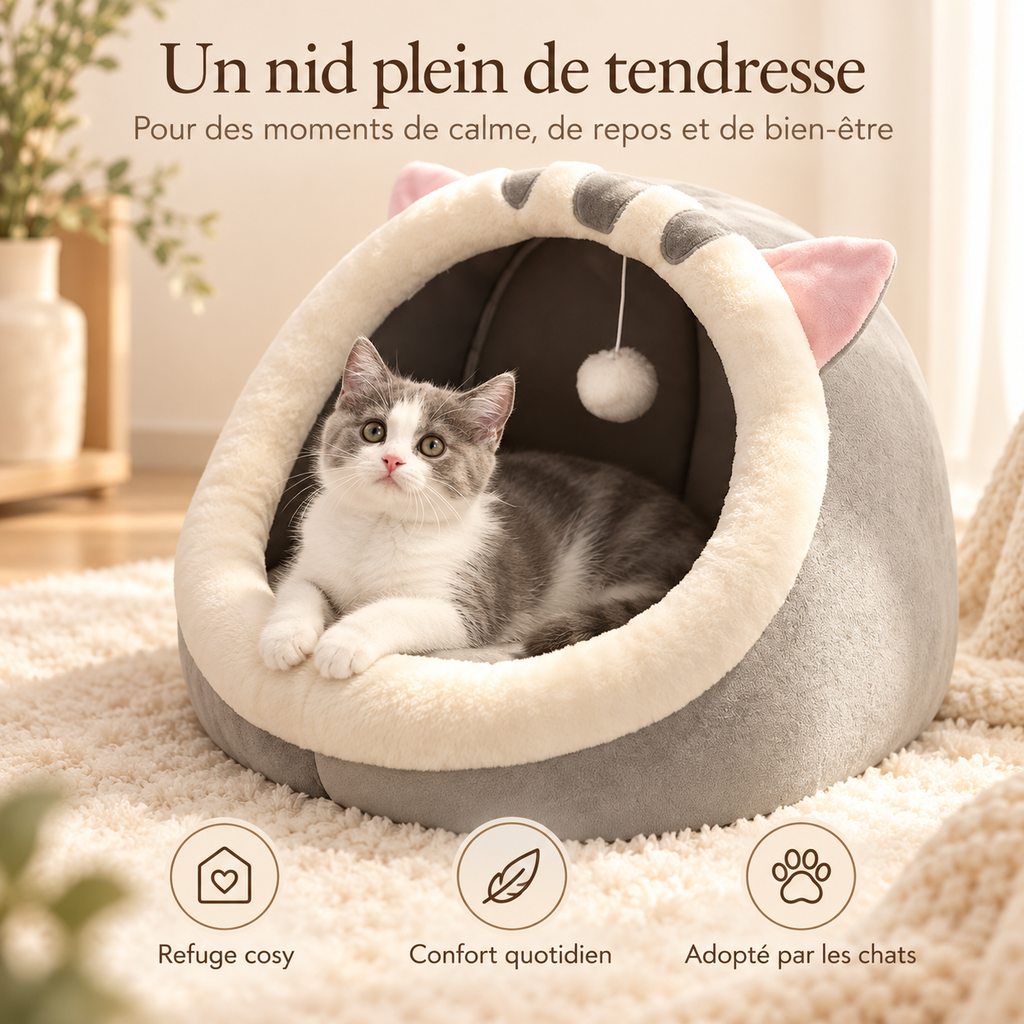 Niche douillette en forme de chat avec coussin lavable