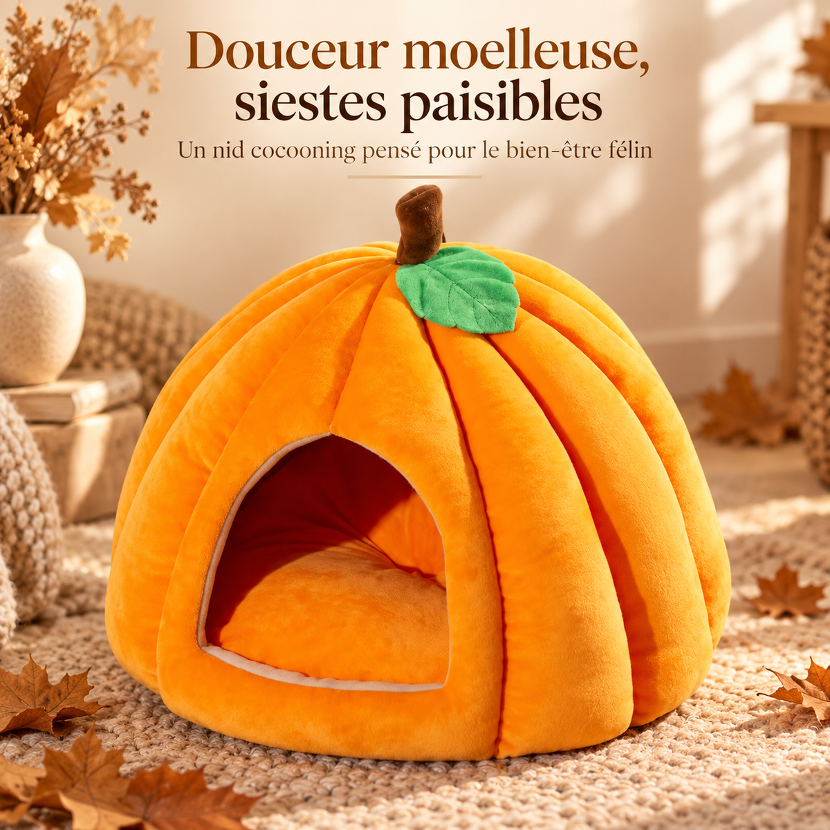 Niche douillette en forme de citrouille pour chat