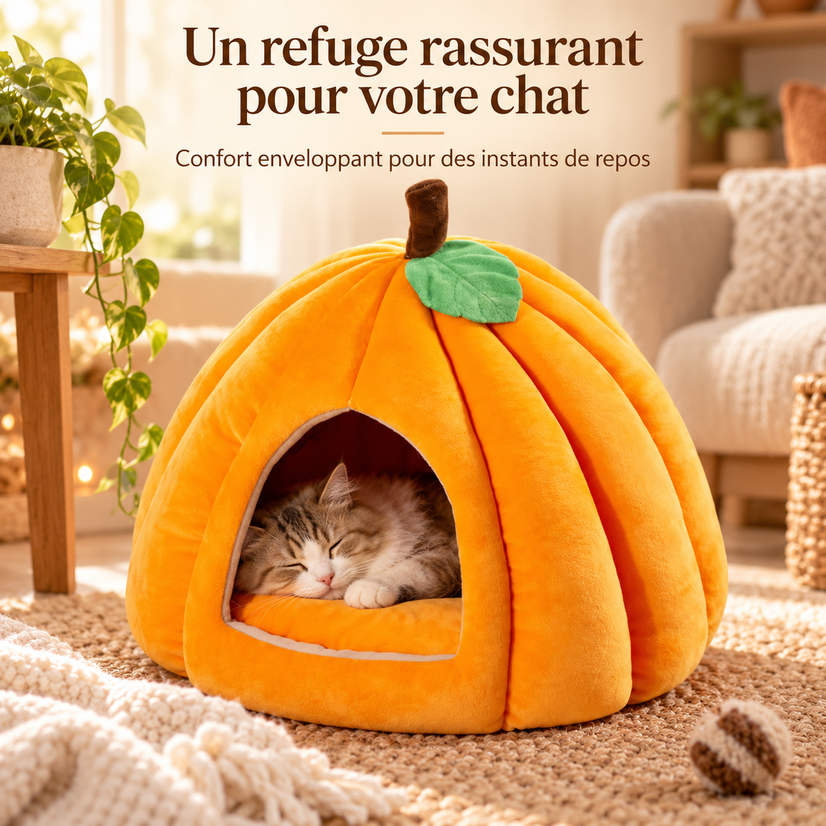 Niche douillette en forme de citrouille pour chat