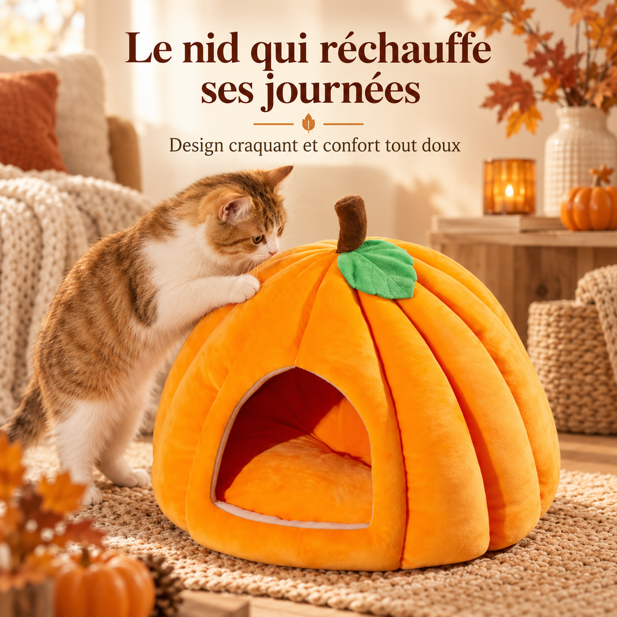 Niche douillette en forme de citrouille pour chat