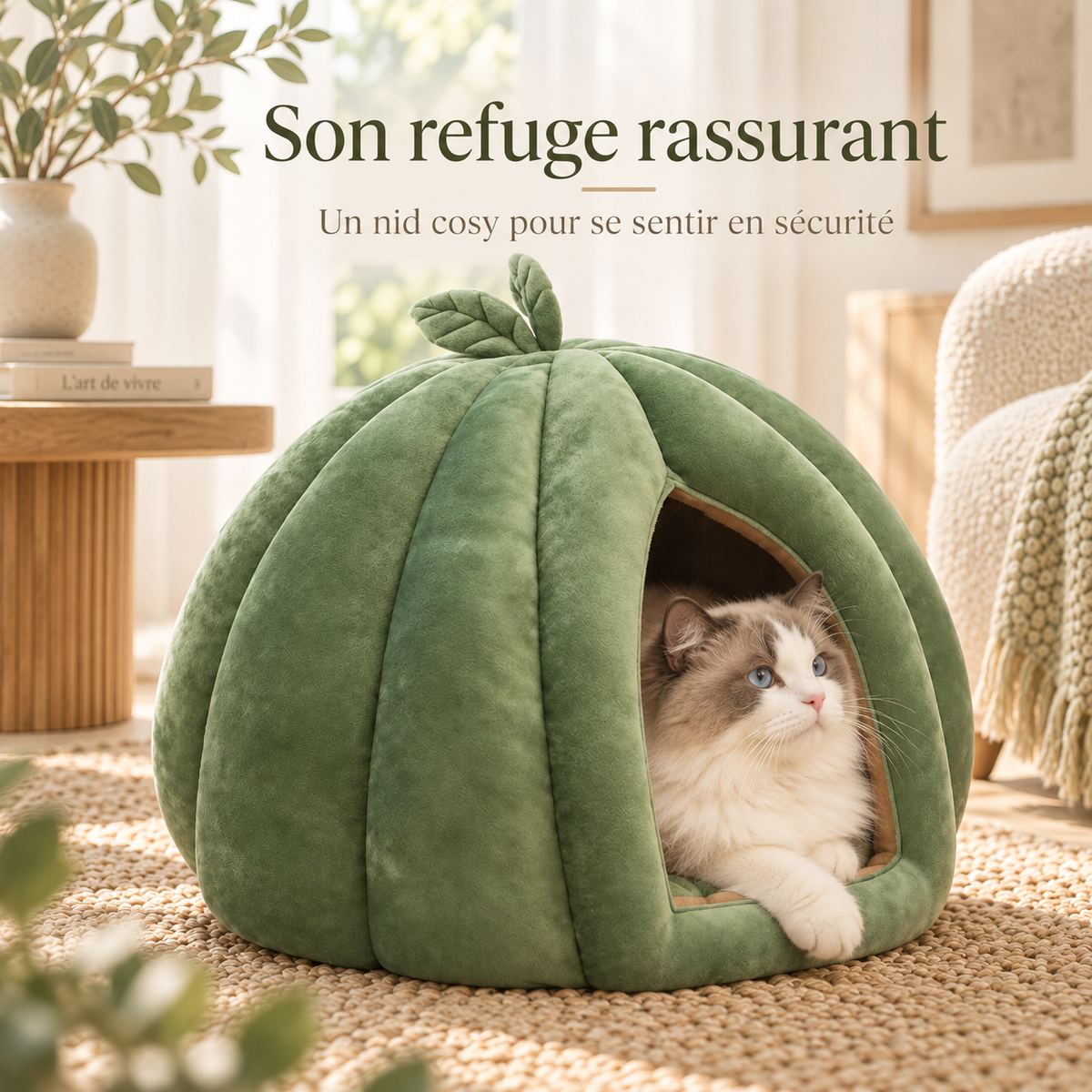 Niche citrouille pour chat avec coussin moelleux