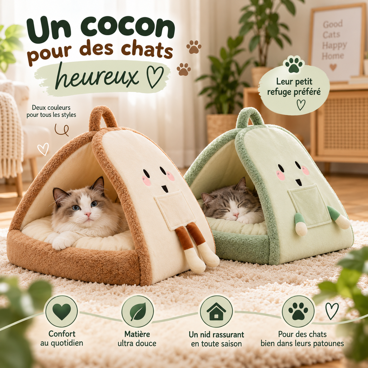Niche cocon pour chat en coton avec coussin