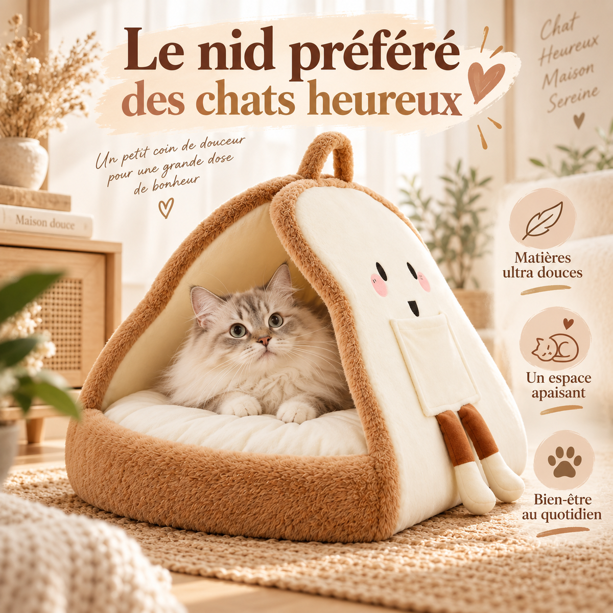 Niche cocon pour chat en coton avec coussin