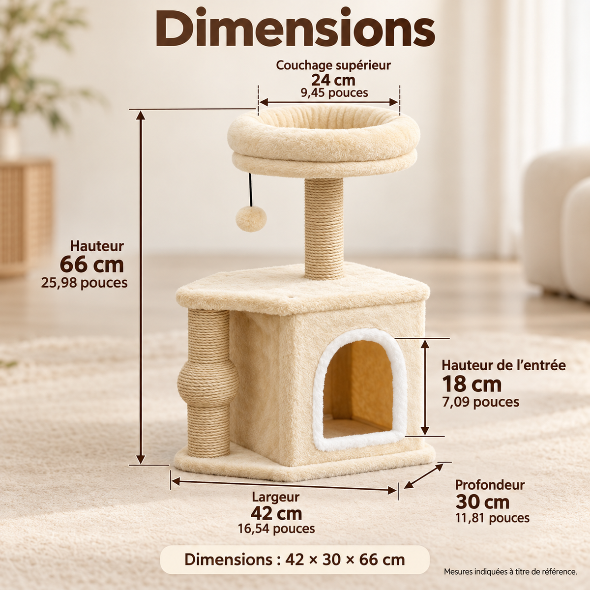 Arbre à chat compact de 66 cm avec niche et couchage