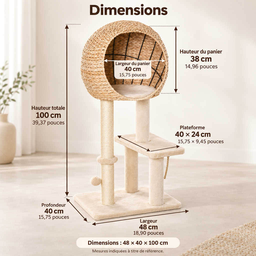 Arbre à chat design tout-en-un avec maison tressée
