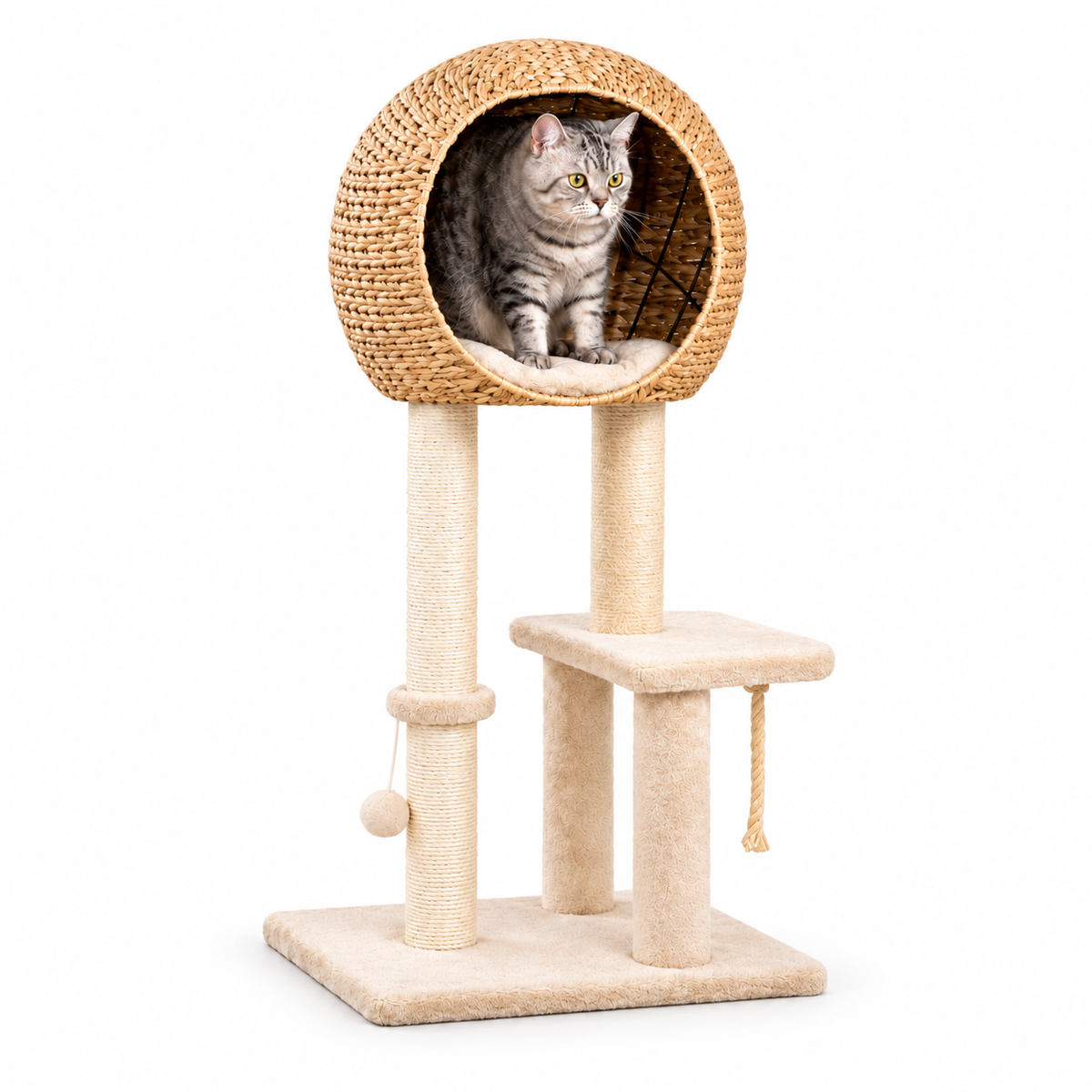 Arbre à chat design tout-en-un avec maison tressée