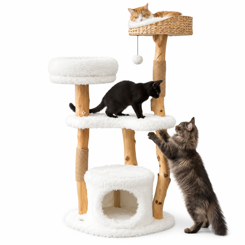 Arbre à chat en bois massif avec panier tressé