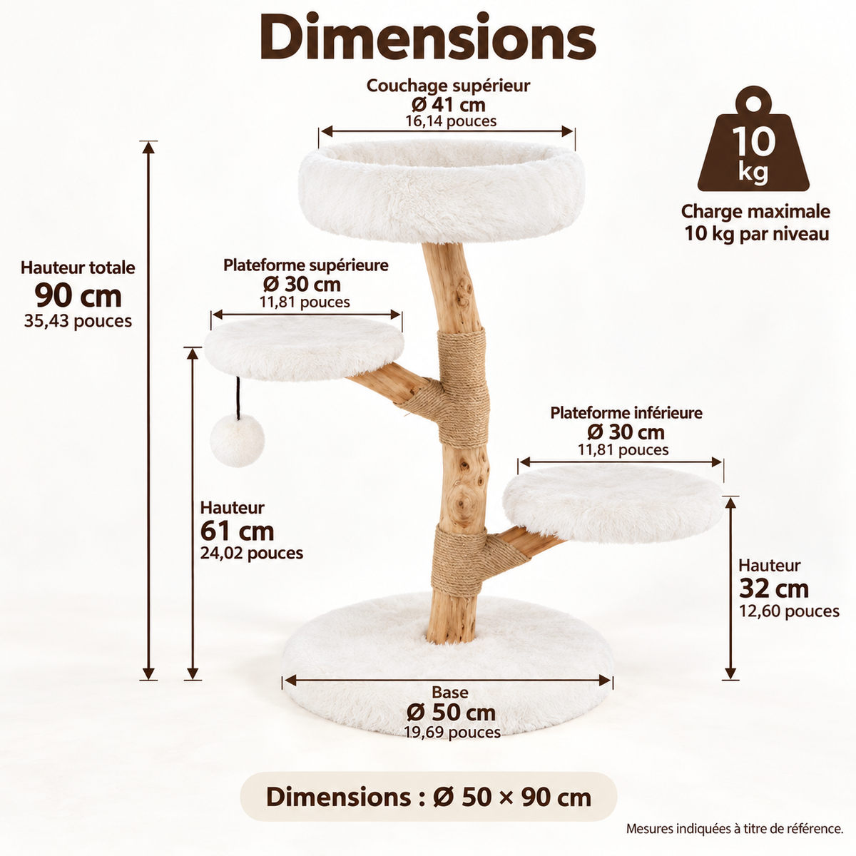 Arbre à chat en bois de poirier de 90 cm