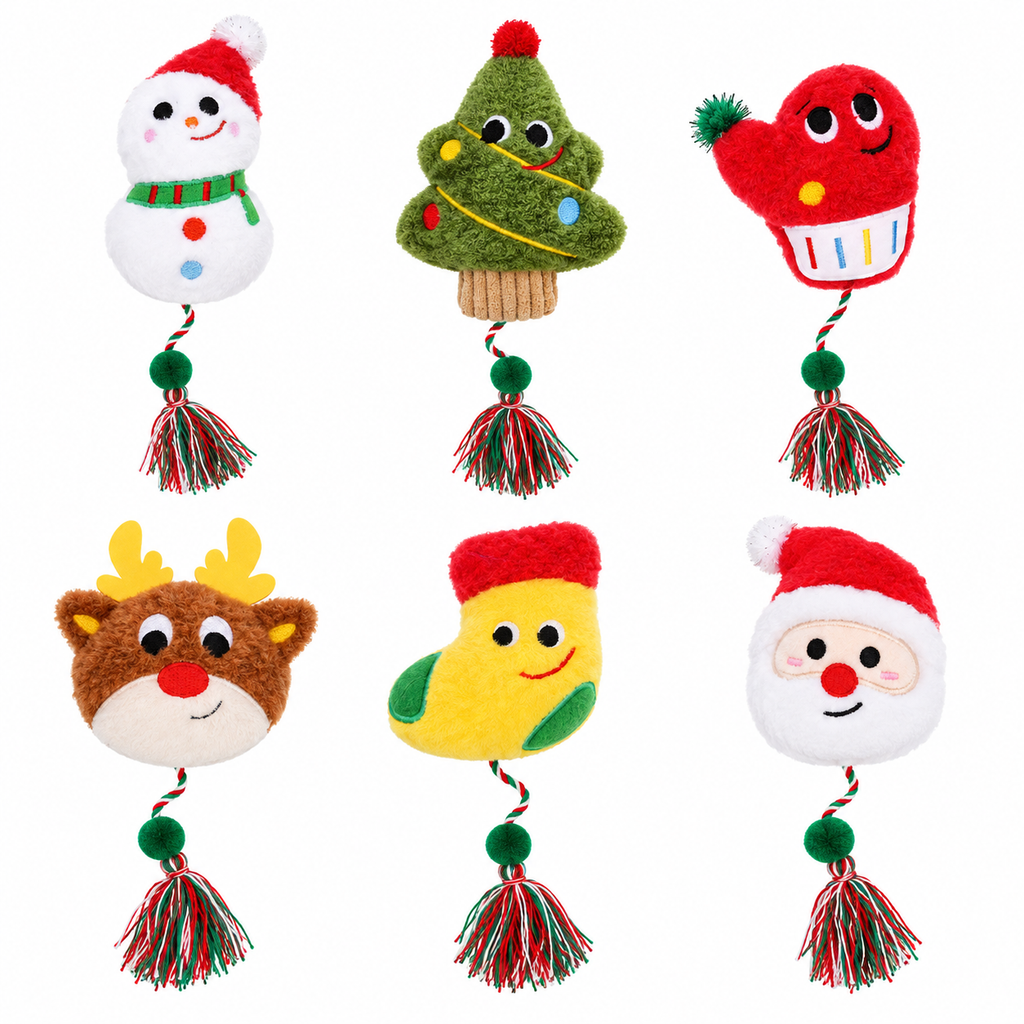 Lot de 6 jouets de Noël en peluche et corde pour chat
