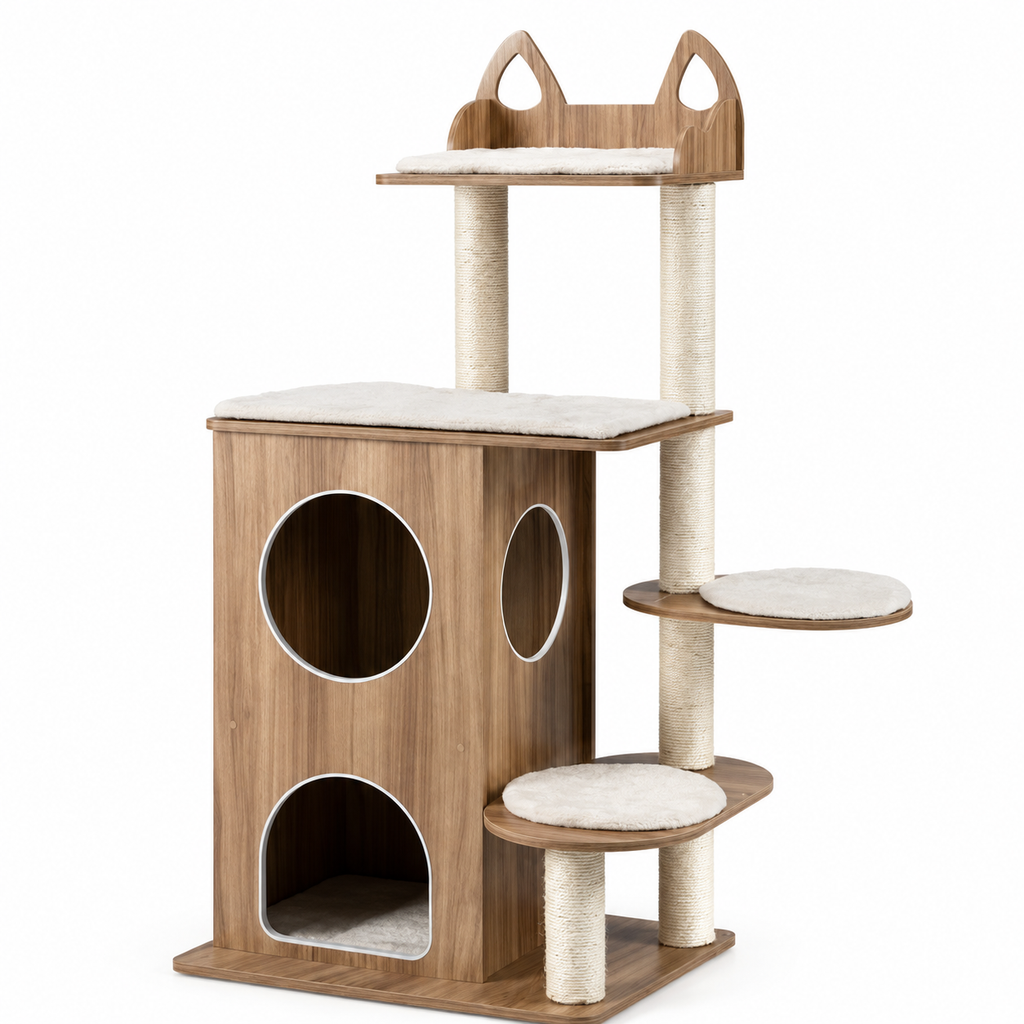Arbre à chat design en bois avec condo à 2 étages