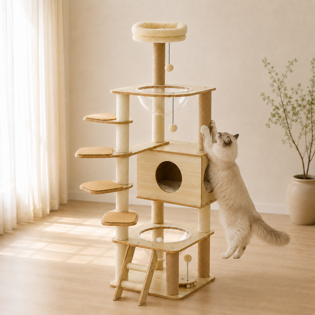 Arbre à chat en bois avec niche