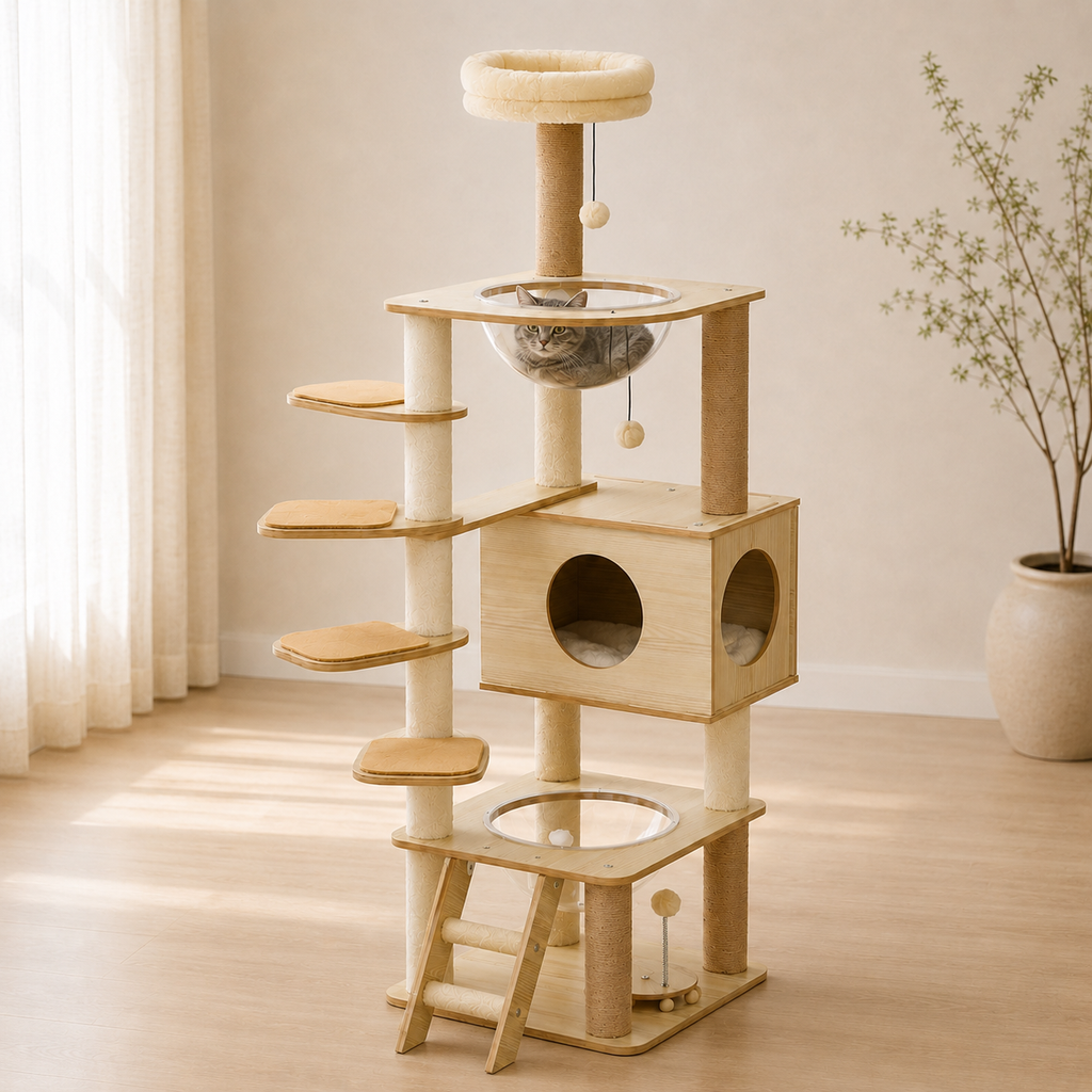 Arbre à chat en bois avec niche