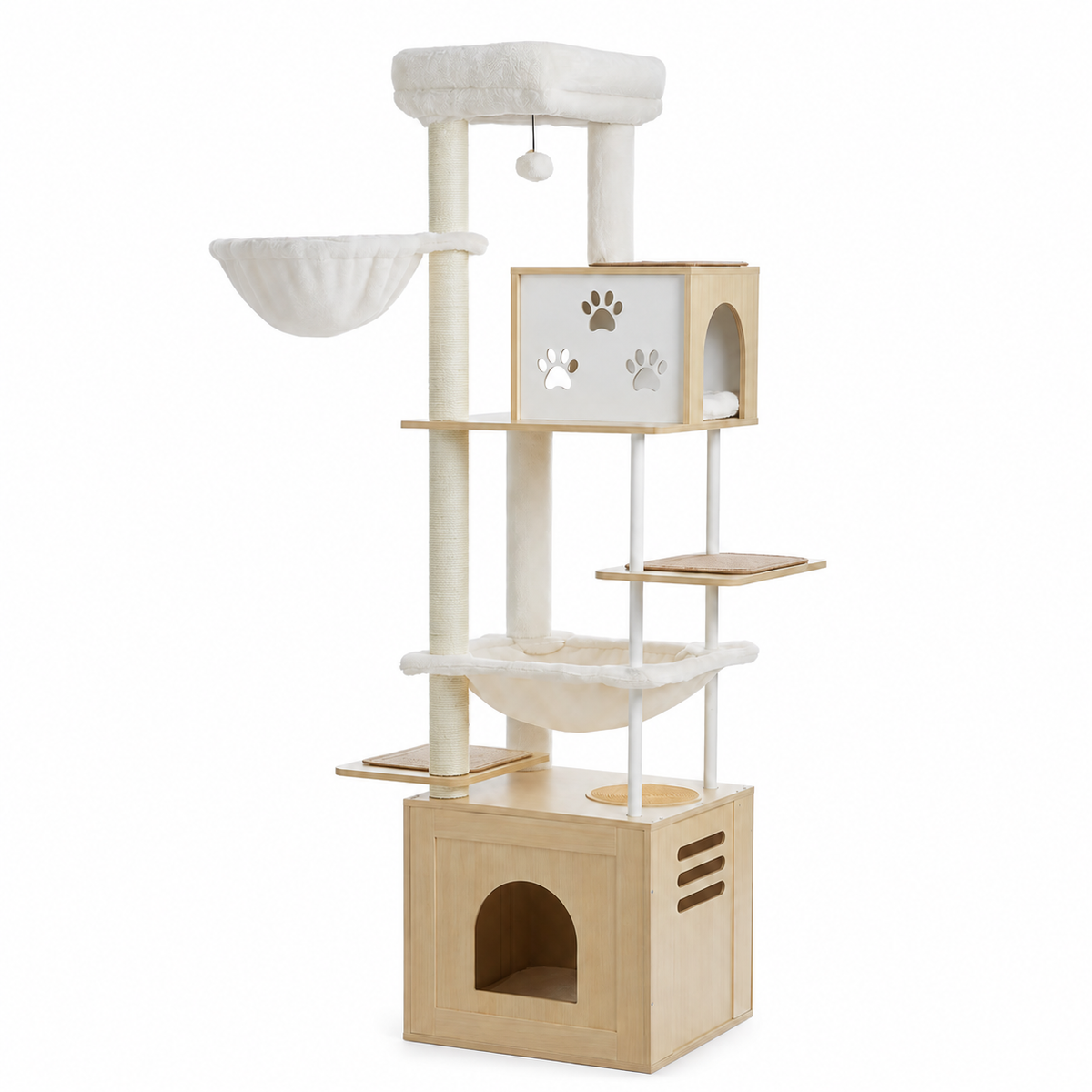 L’arbre à chat XXL en bois avec hamacs et espace d’alimentation
