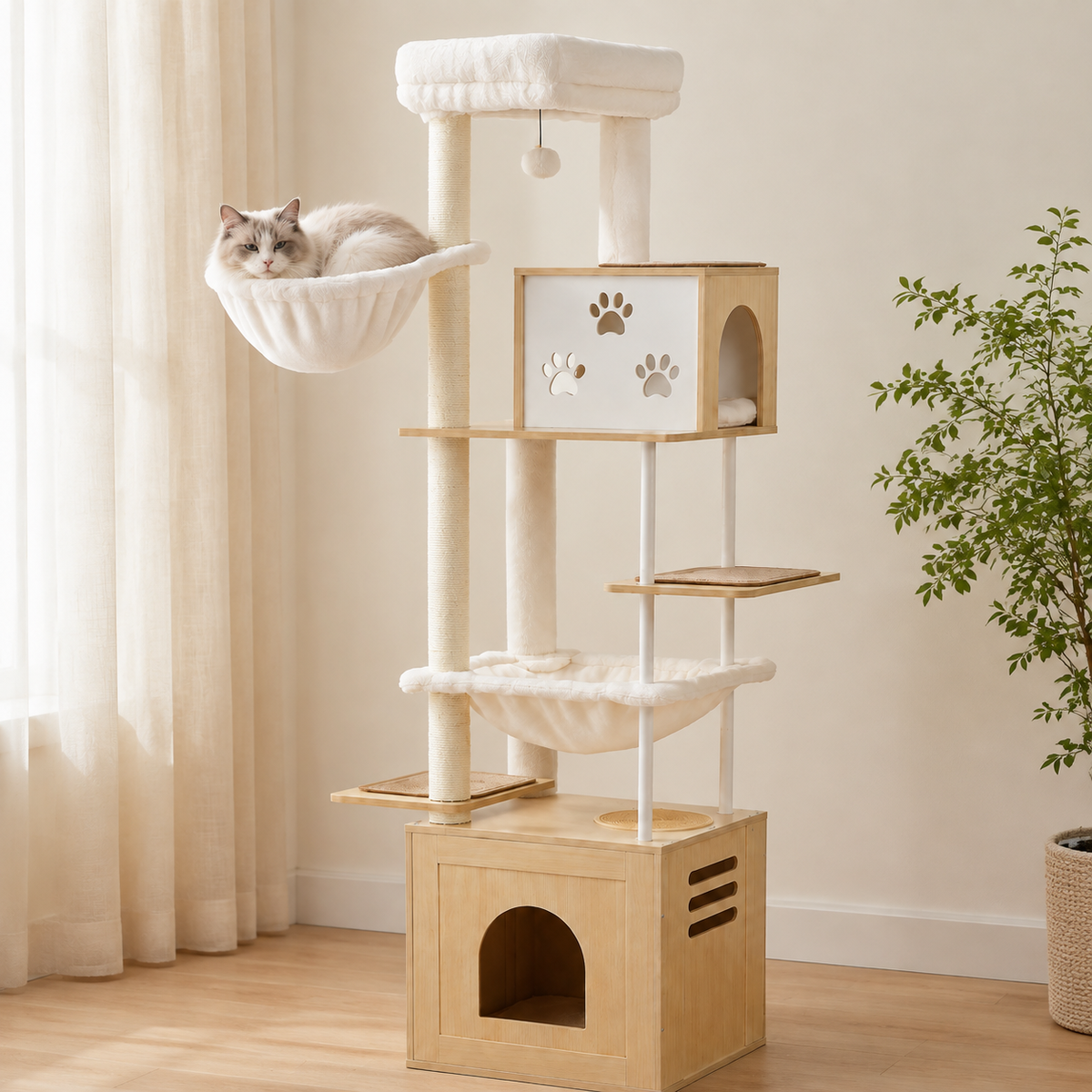 L’arbre à chat XXL en bois avec hamacs et espace d’alimentation