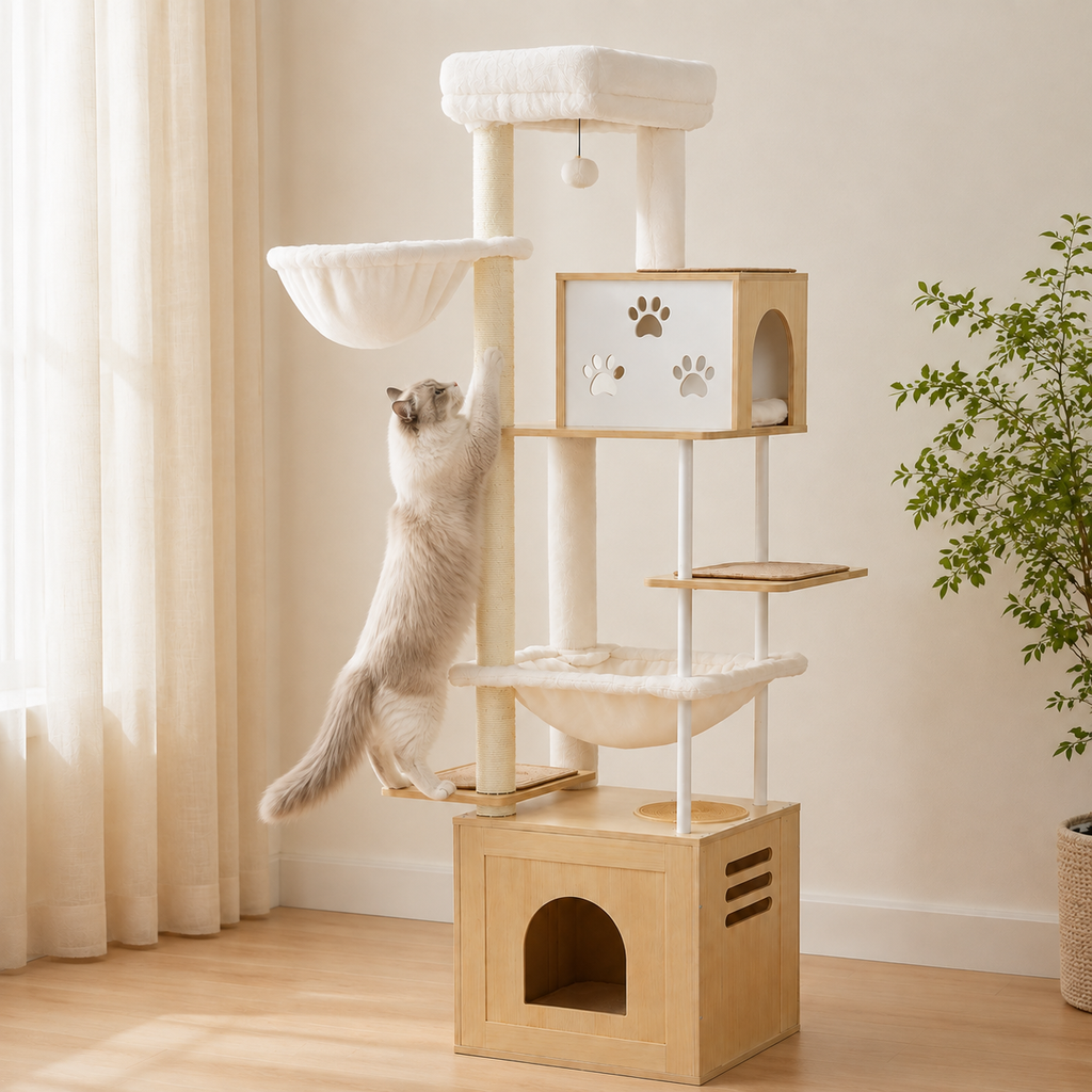 L’arbre à chat XXL en bois avec hamacs et espace d’alimentation