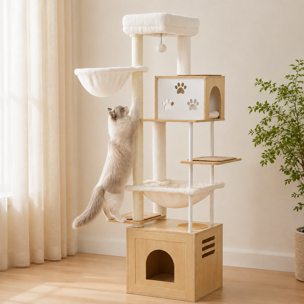 L’arbre à chat XXL en bois avec hamacs et espace d’alimentation