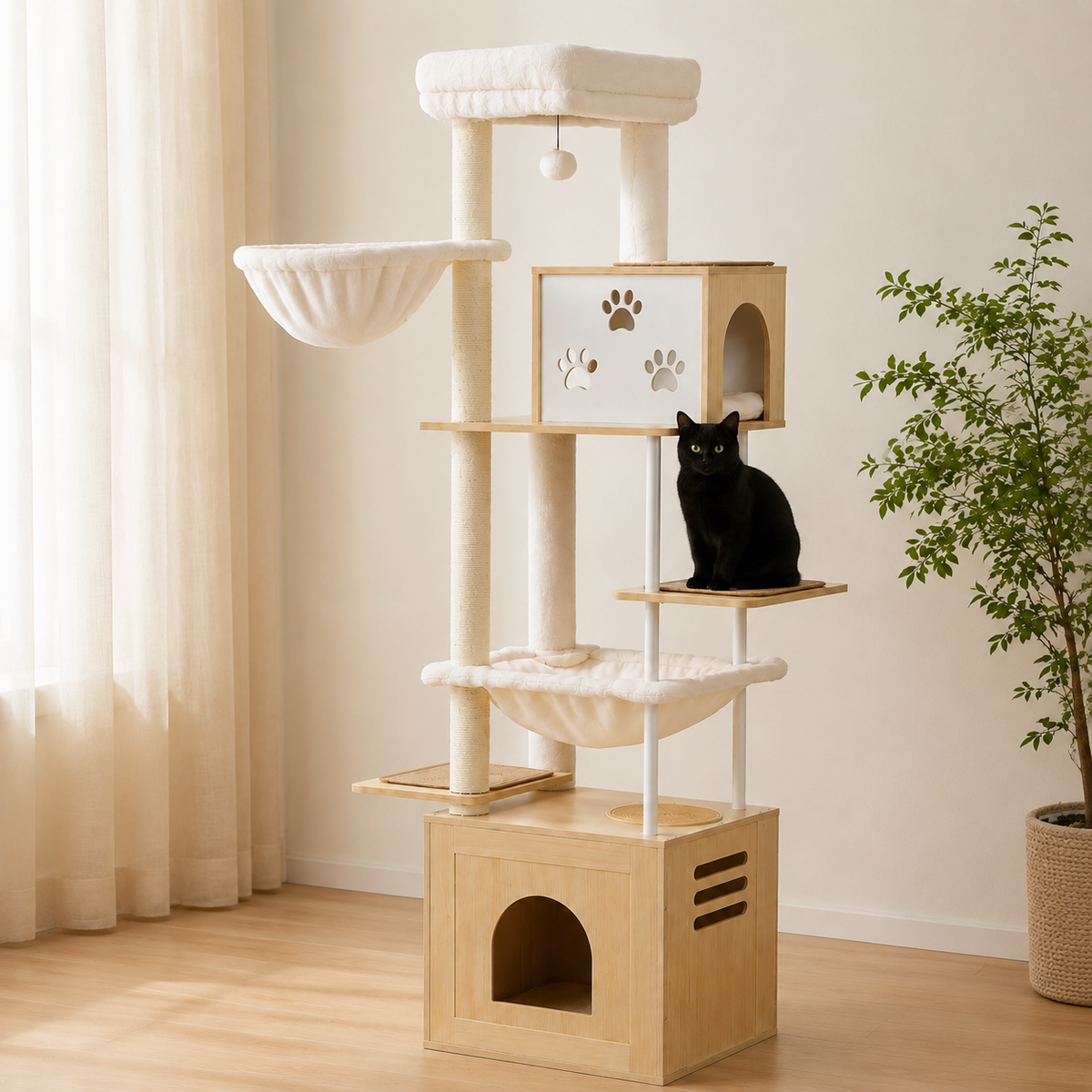 L’arbre à chat XXL en bois avec hamacs et espace d’alimentation