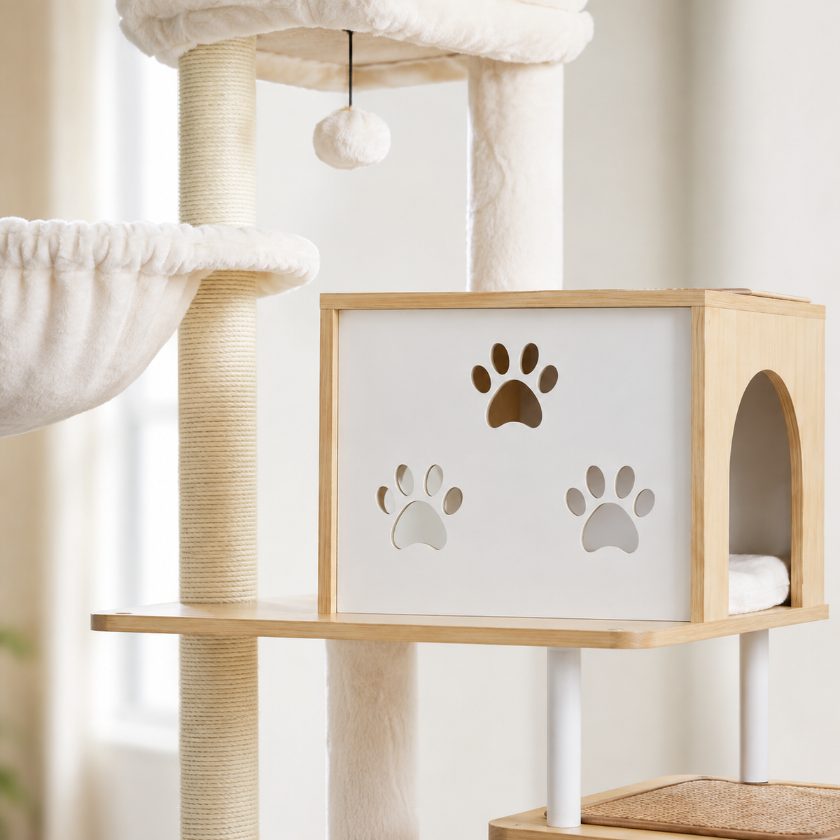 L’arbre à chat XXL en bois avec hamacs et espace d’alimentation