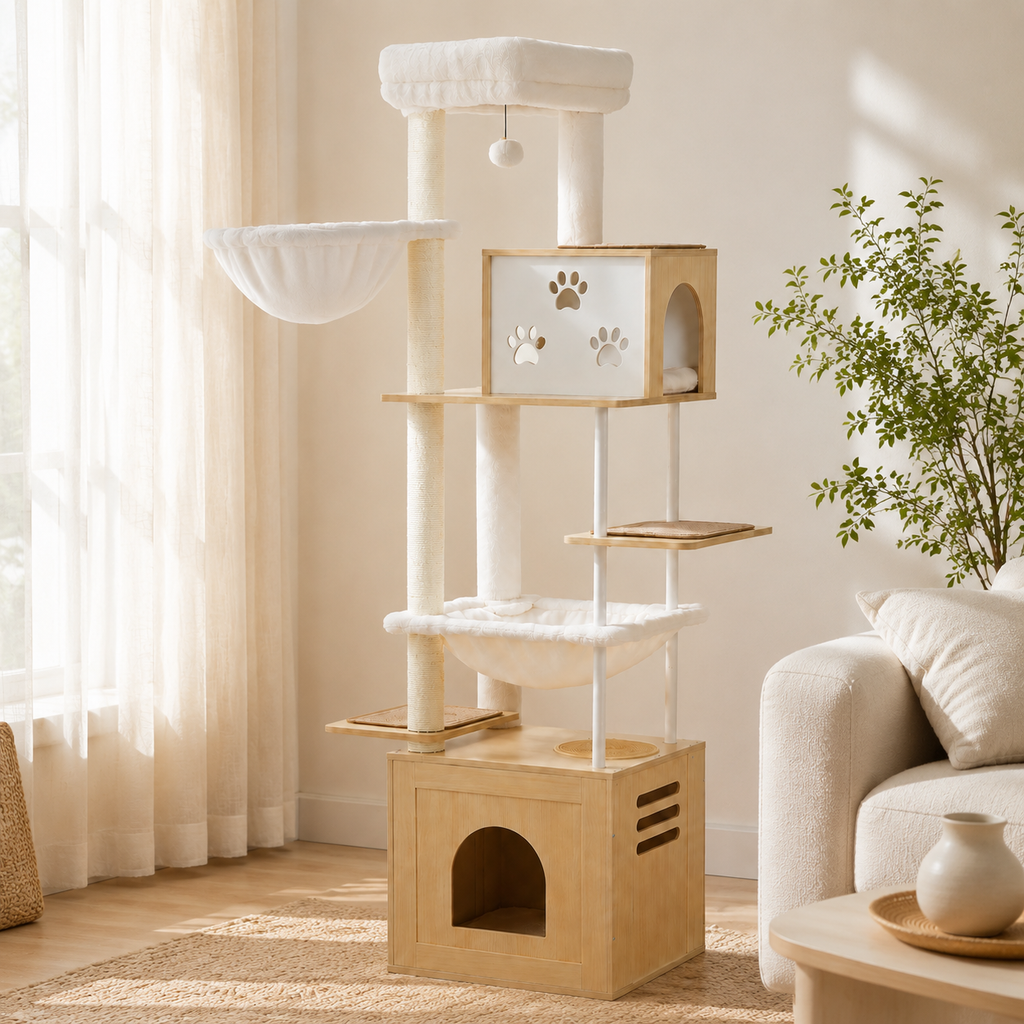 L’arbre à chat XXL en bois avec hamacs et espace d’alimentation