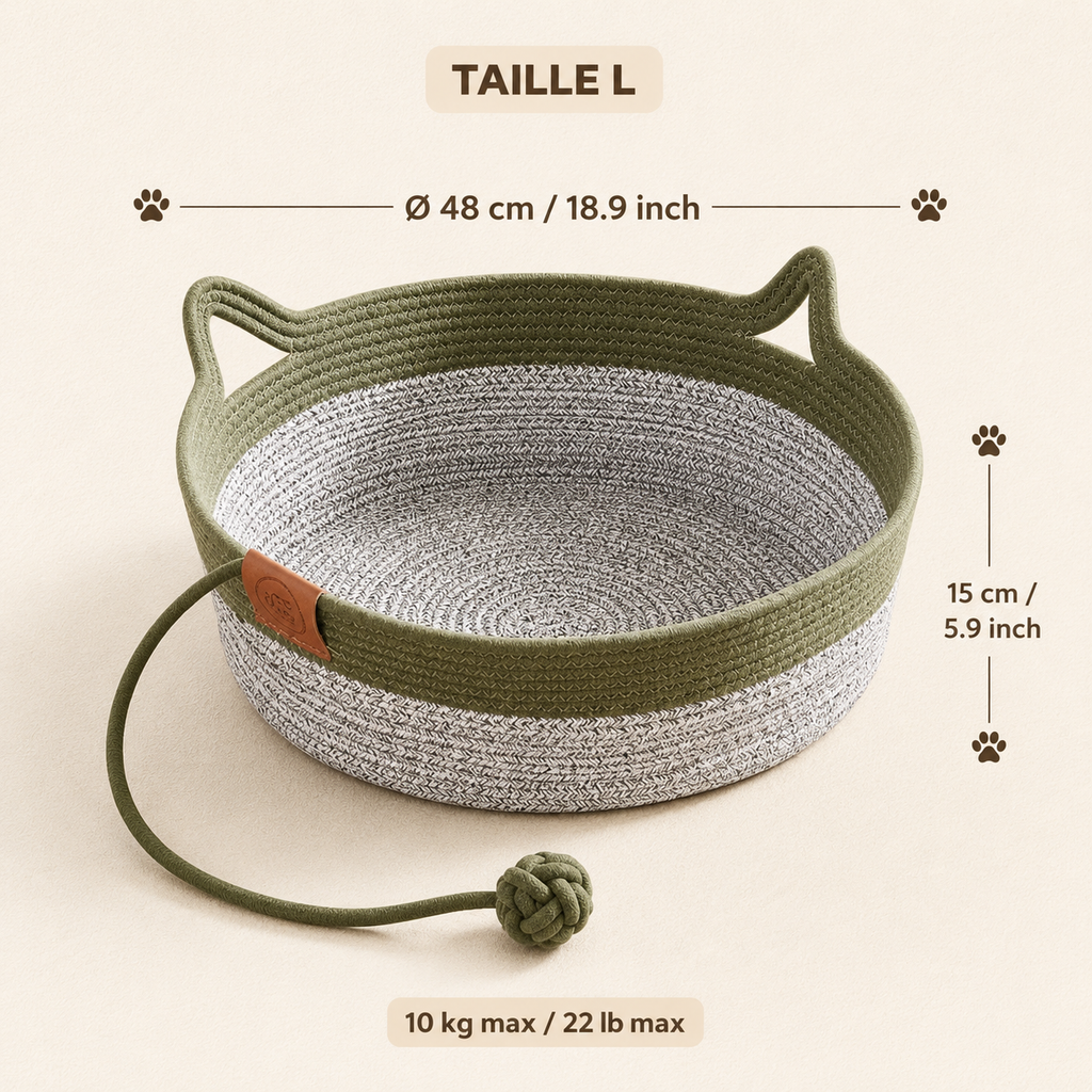 Panier en osier pour chat vert et gris avec jouet