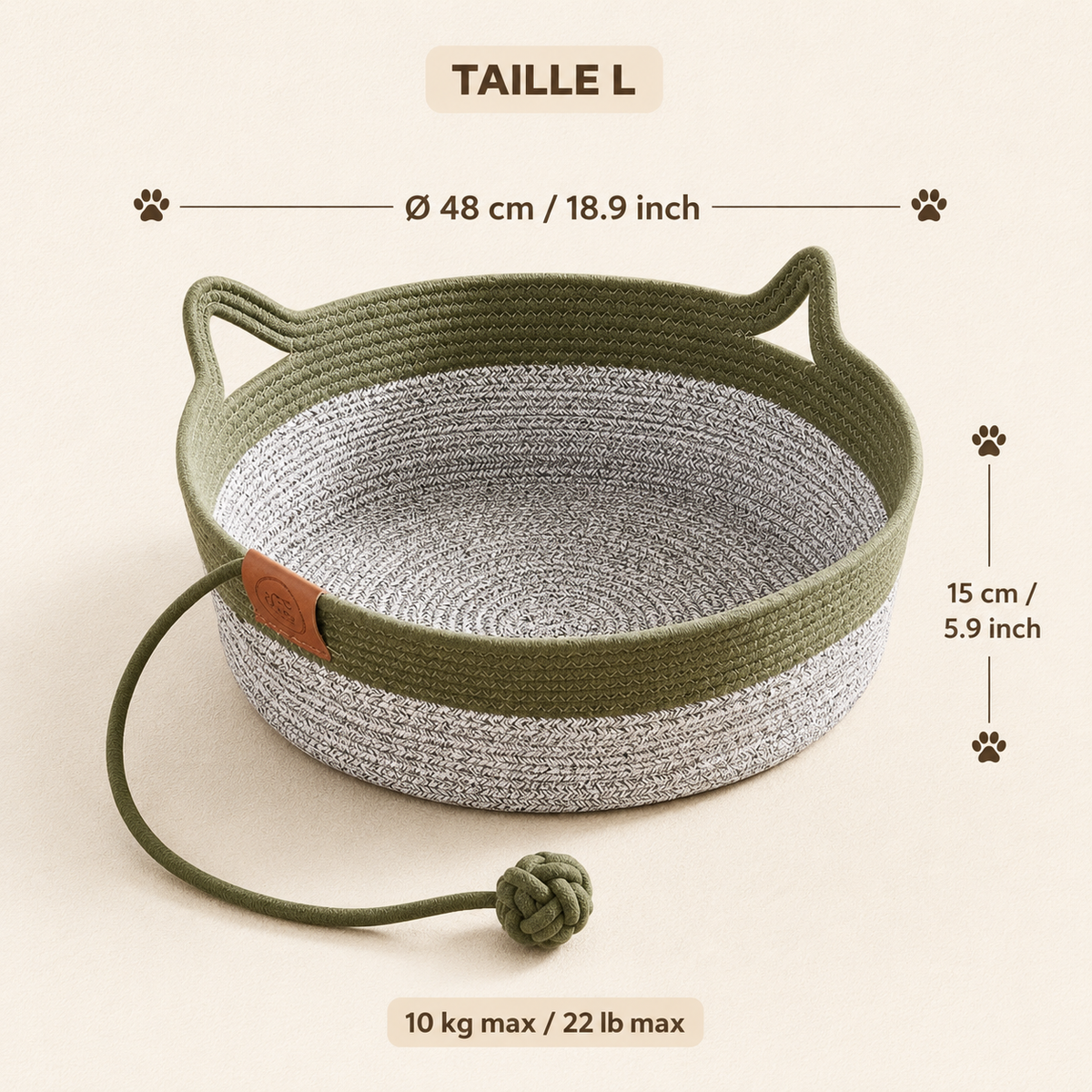 Panier en osier pour chat vert et gris avec jouet