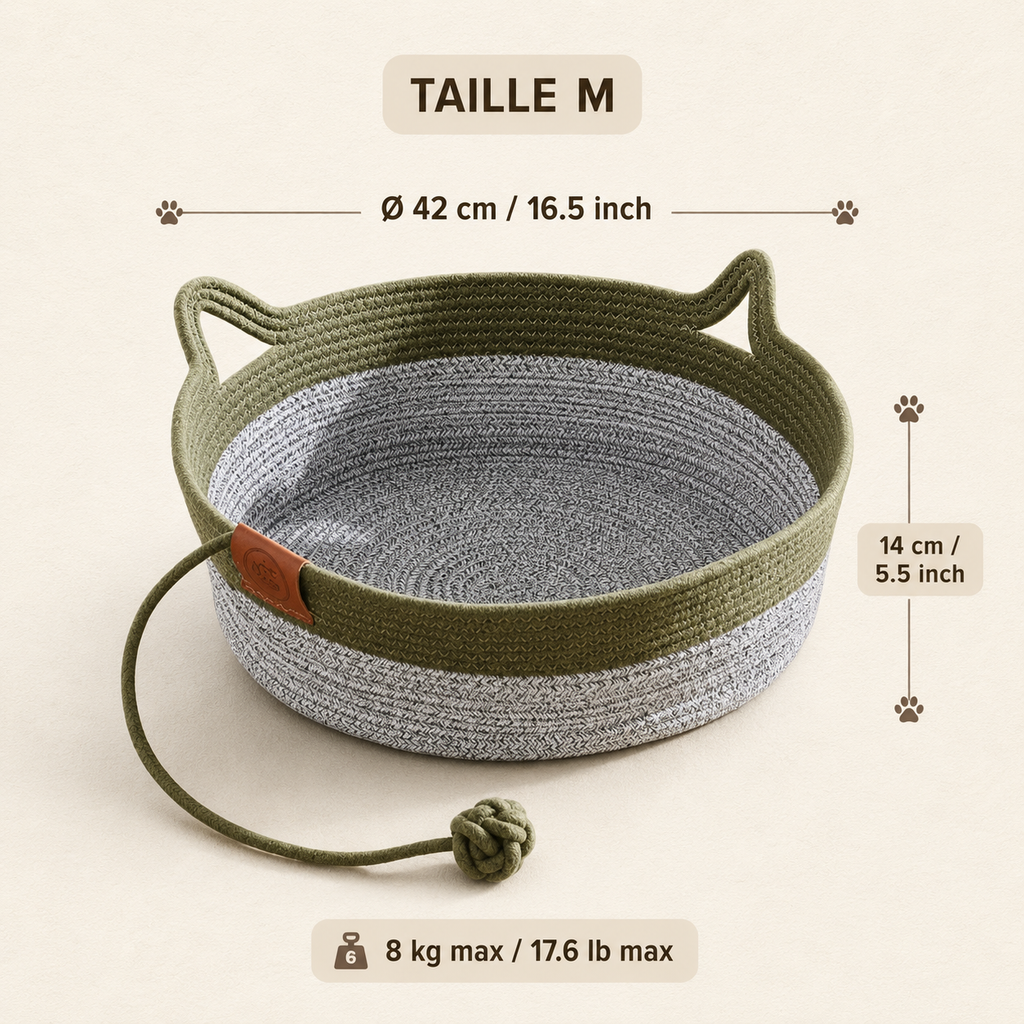 Panier en osier pour chat vert et gris avec jouet