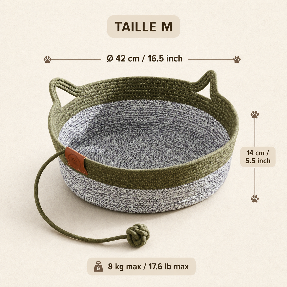 Panier en osier pour chat vert et gris avec jouet