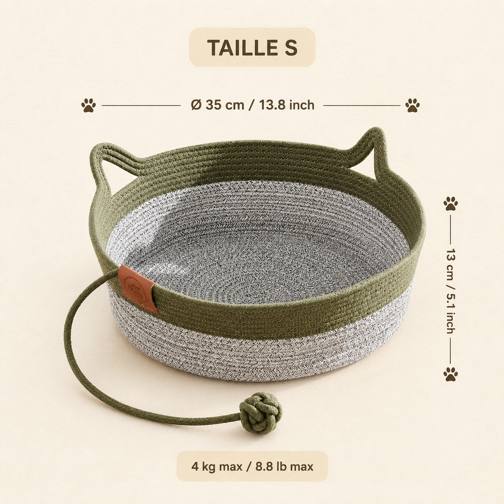 Panier en osier pour chat vert et gris avec jouet