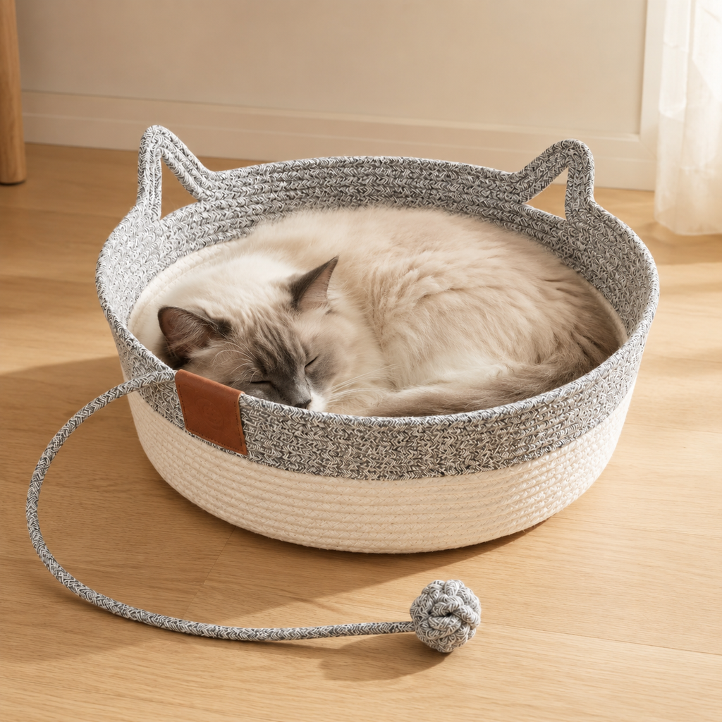 panier en osier pour chat gris et blanc avec jouet