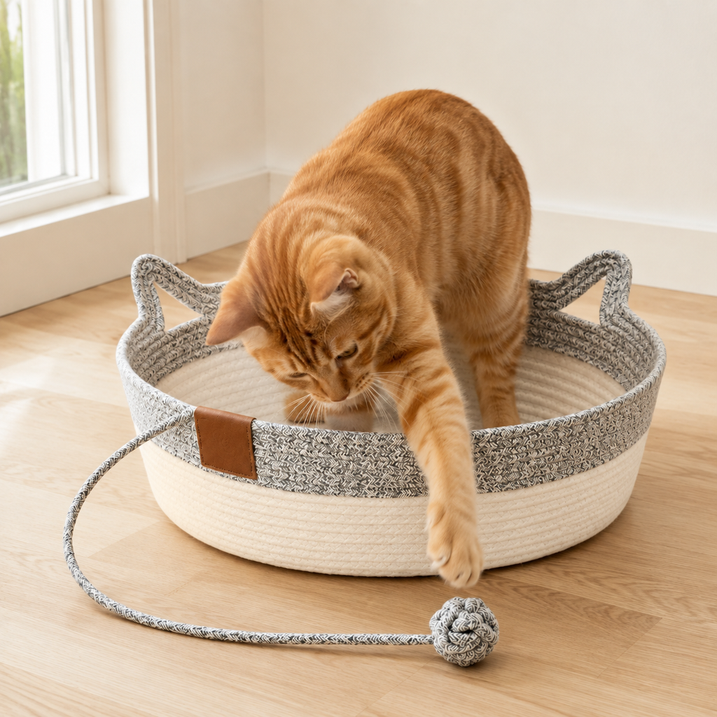 panier en osier pour chat gris et blanc avec jouet