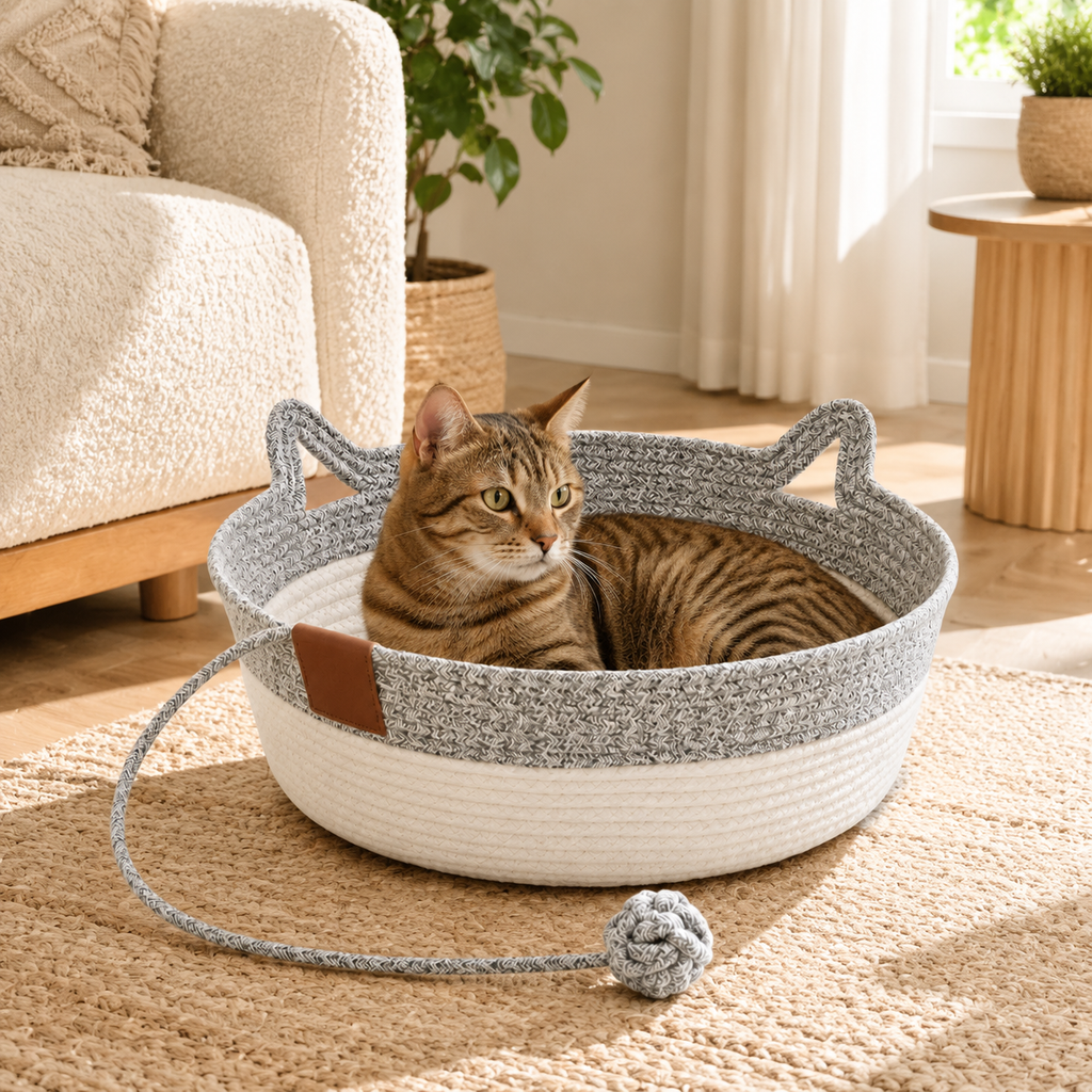 panier en osier pour chat gris et blanc avec jouet